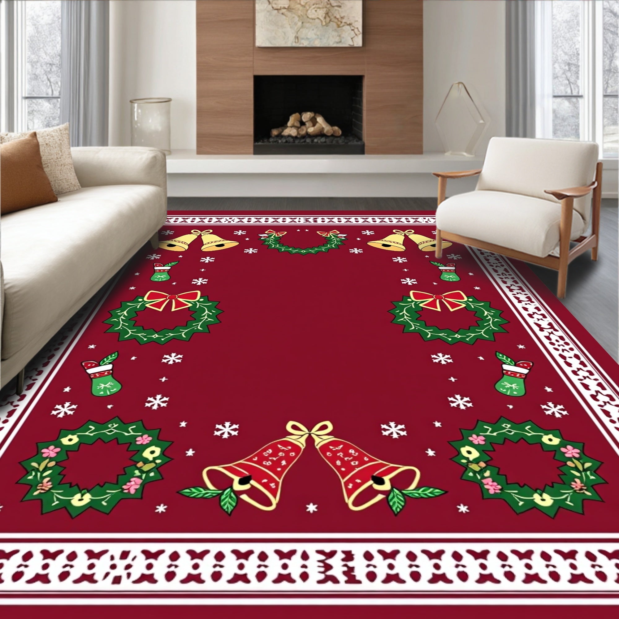 Crimson Festive Christmas Bells Wreaths Rug