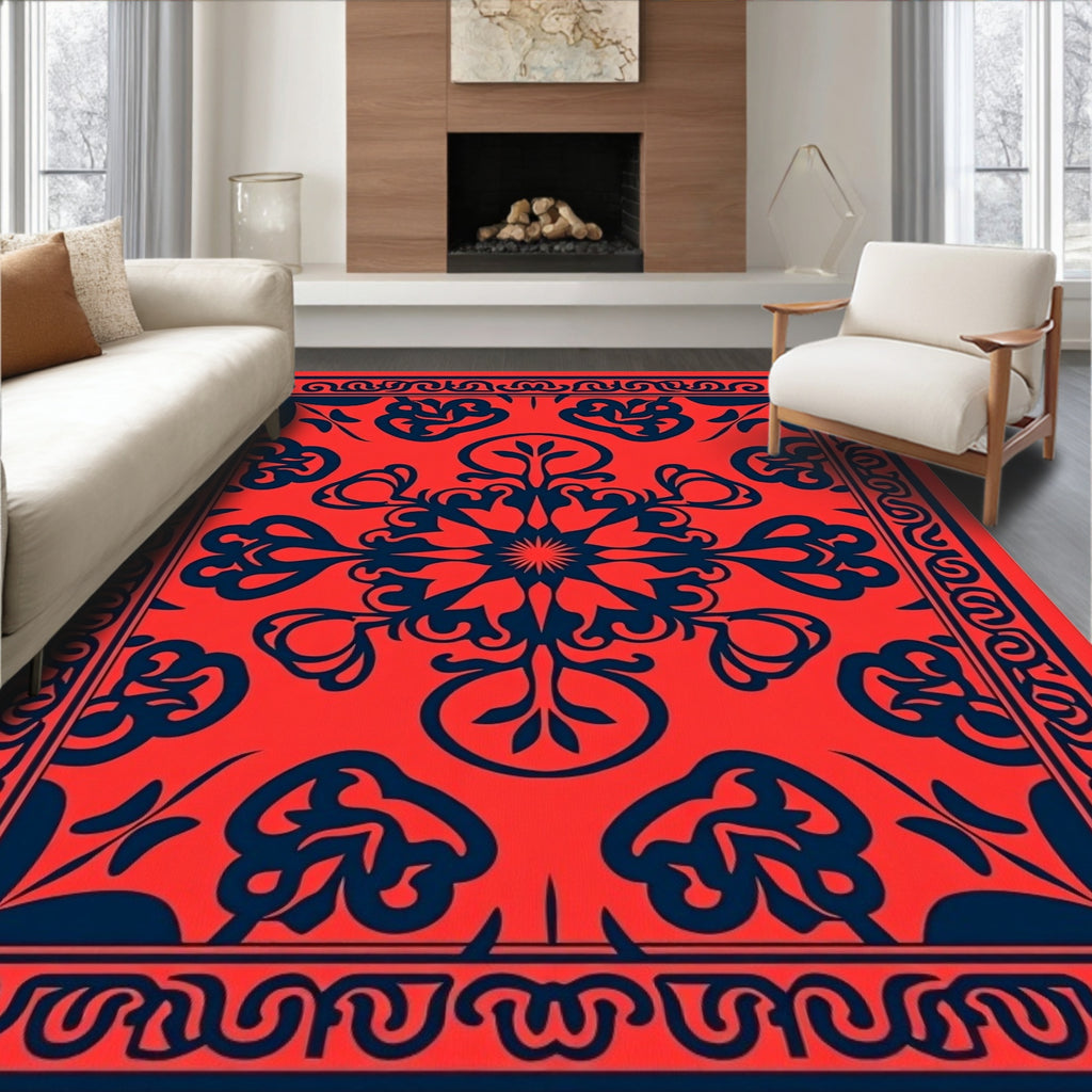 Vibrant Red Floral Medallion Pattern Rug