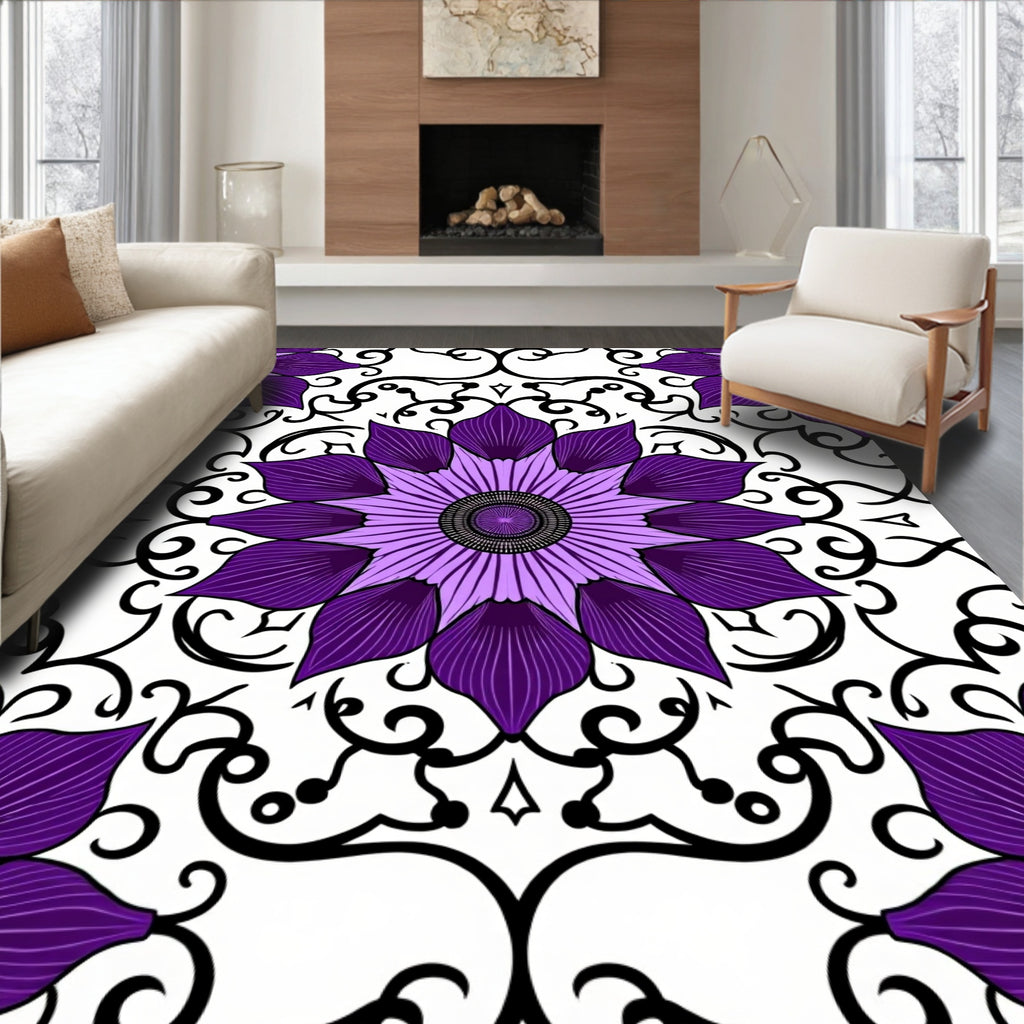 Purple Black Floral Symmetry Rug