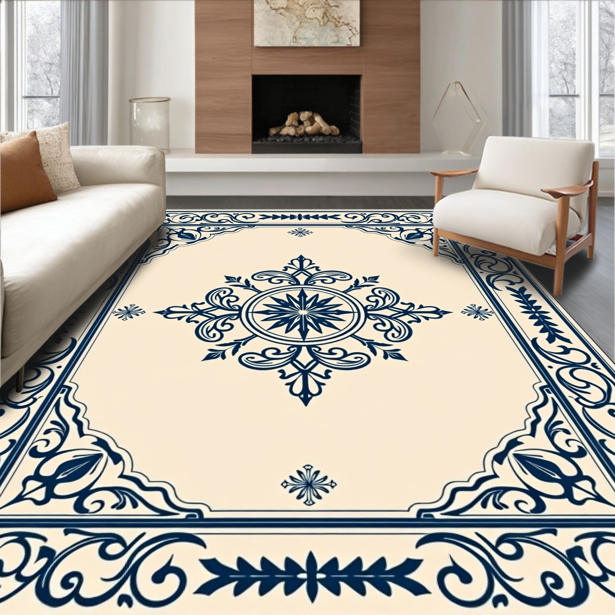 Classic Blue Floral Medallion Ornamental Rug