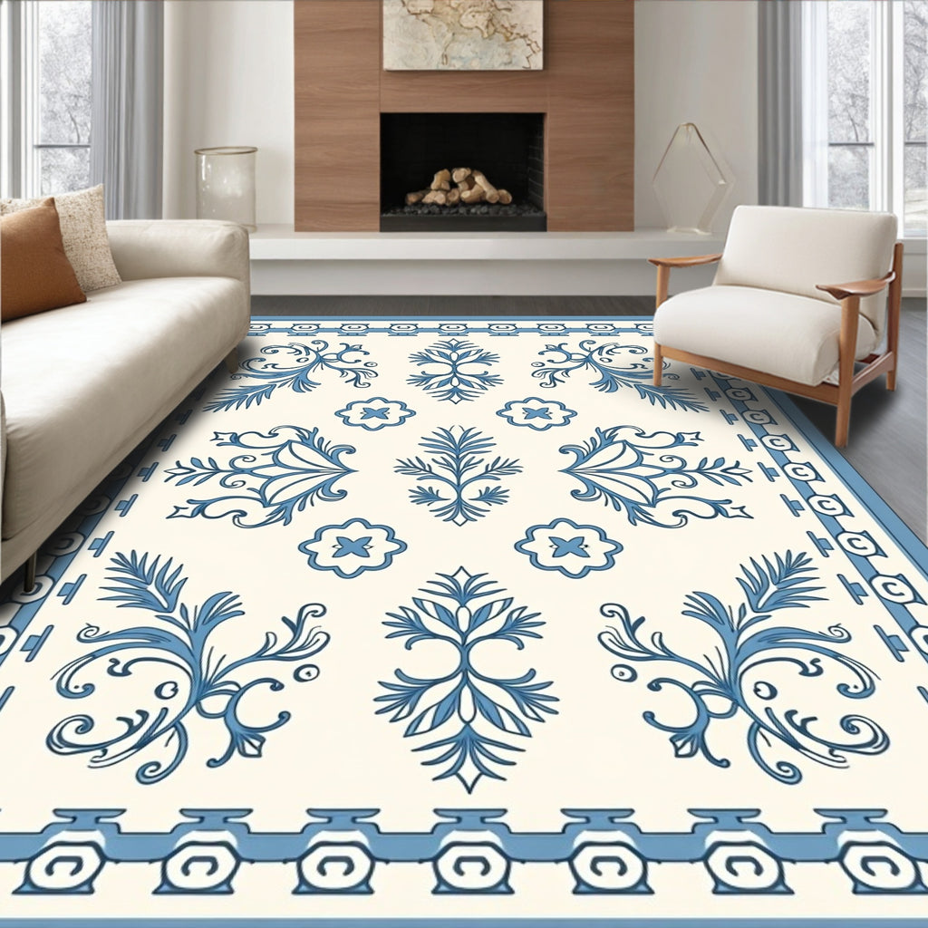 Classic Blue Floral Scrolled Design Rug