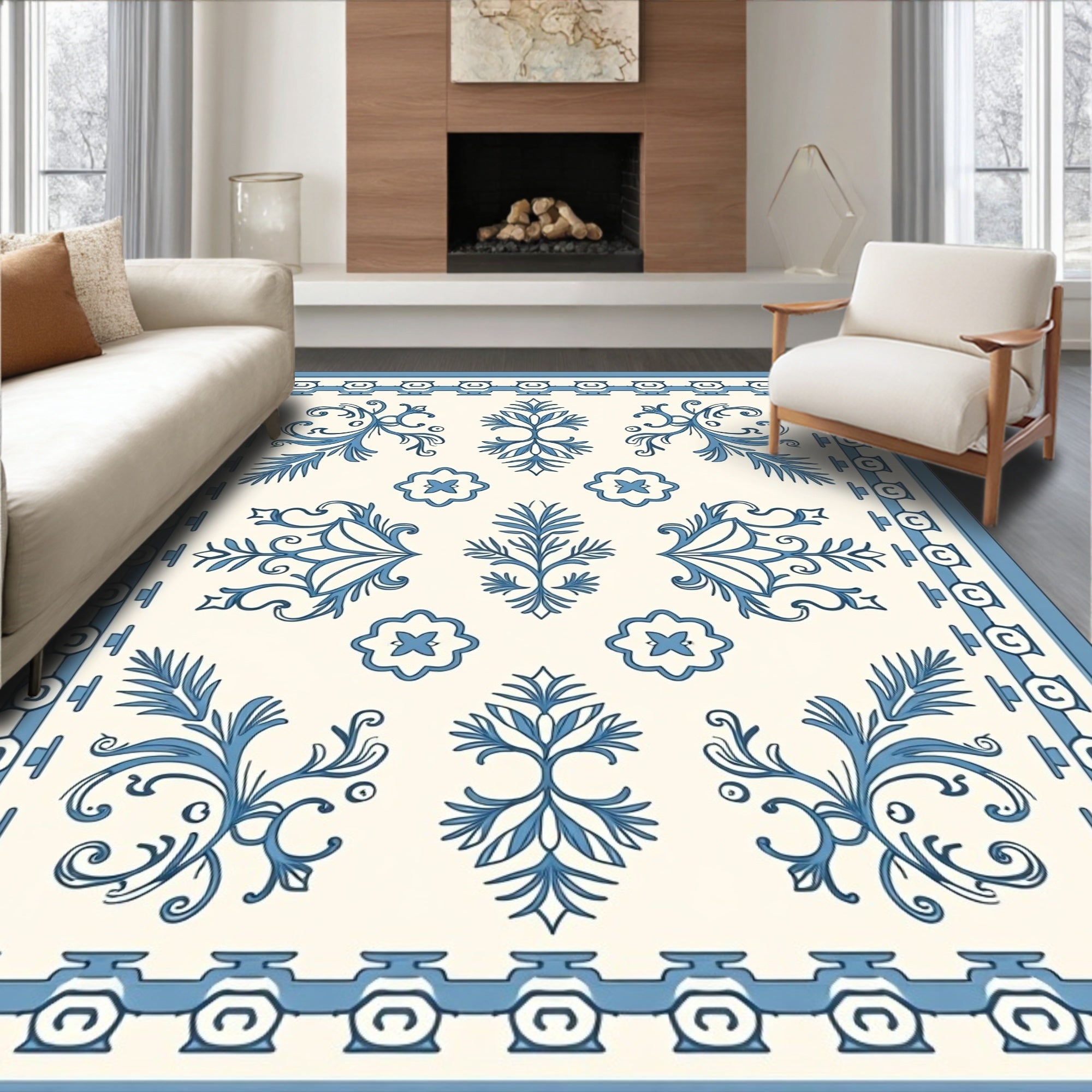 Classic Blue Floral Scrolled Design Rug