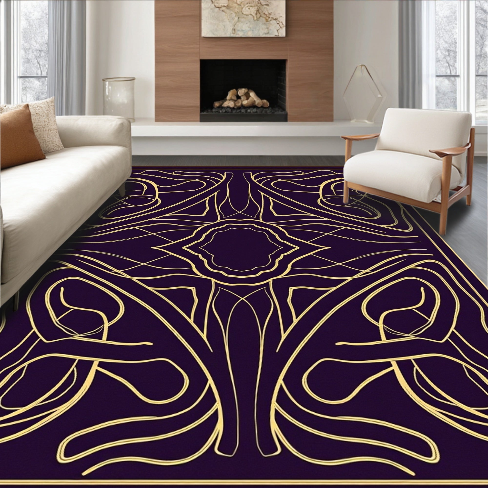 Golden Swirl Abstract Linear Pattern Rug