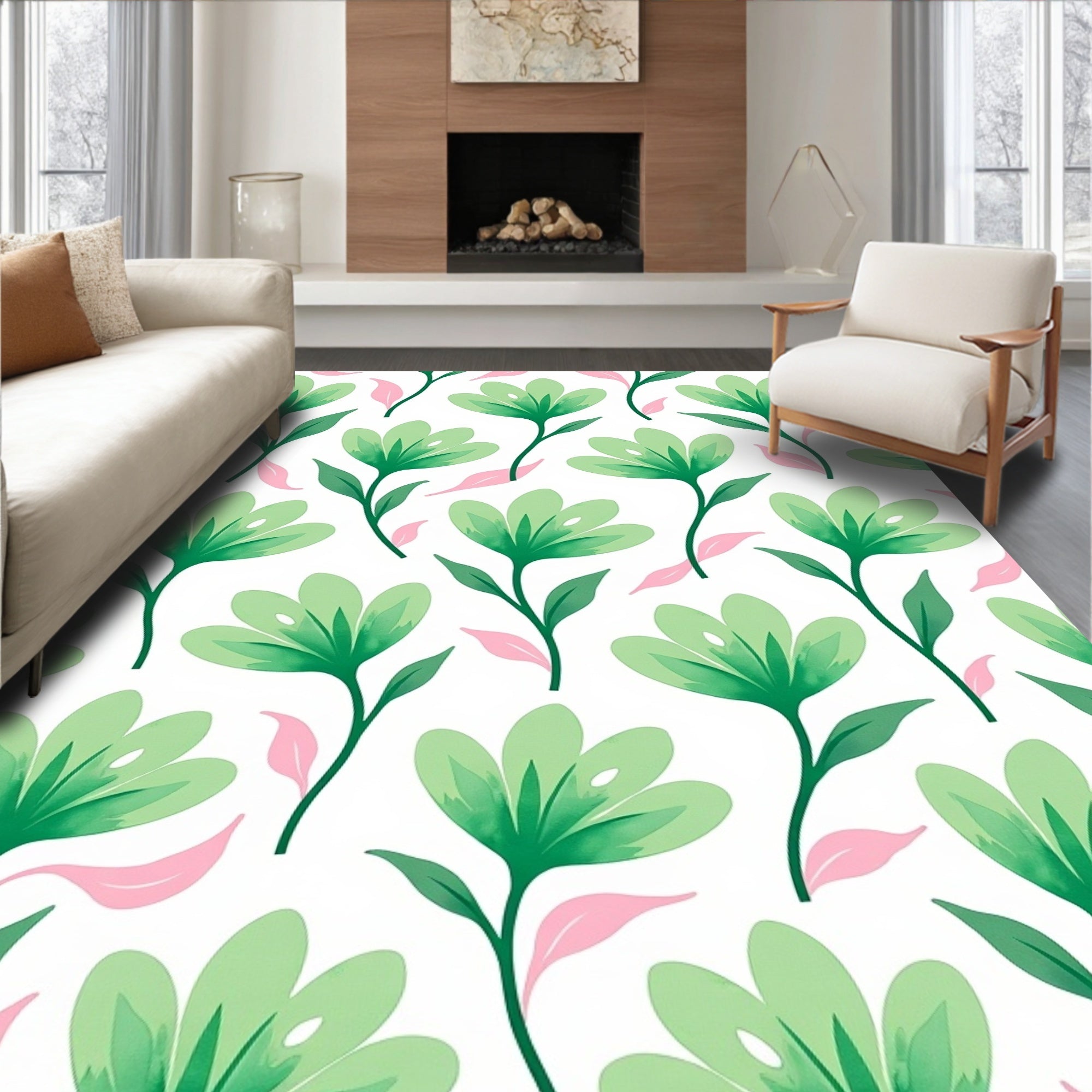 Soft Green Flower Pattern Design Rug