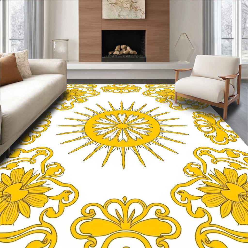 Ornate Yellow Sun Floral Pattern Rug