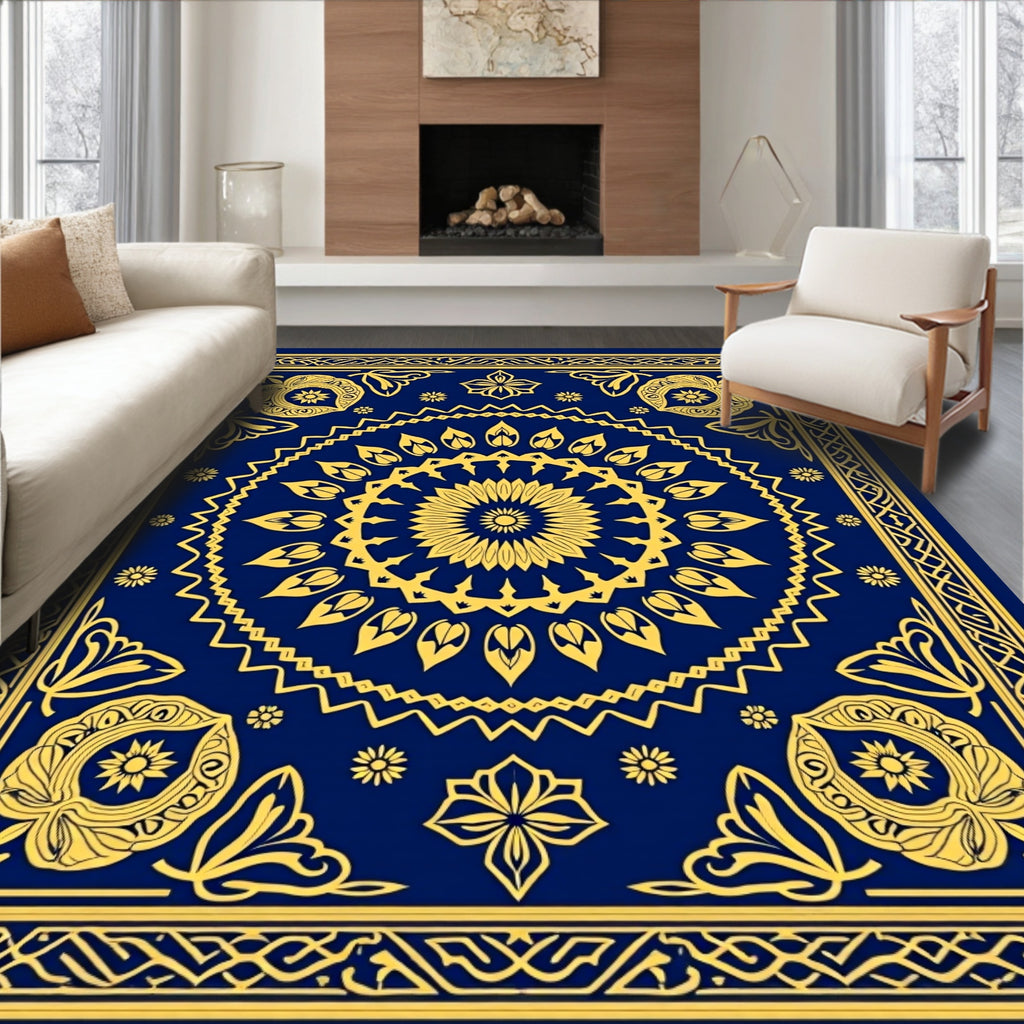 Golden Floral Mandala With Intricate Border Rug