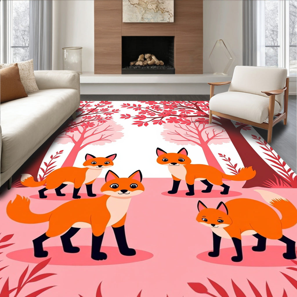 Whimsical Forest Foxes Nature Pattern Rug