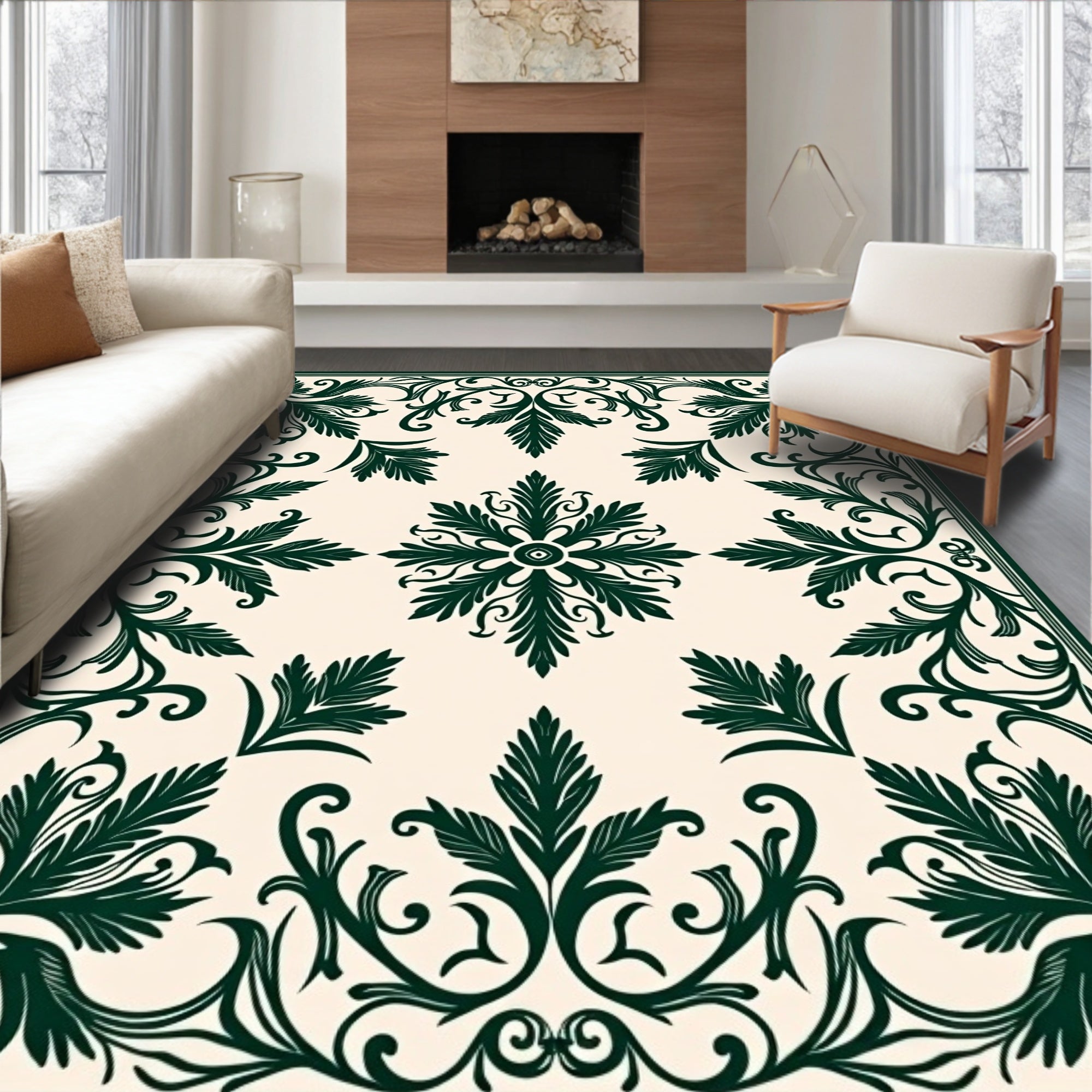 Ornate Leaf Scrollwork Square Design Rug
