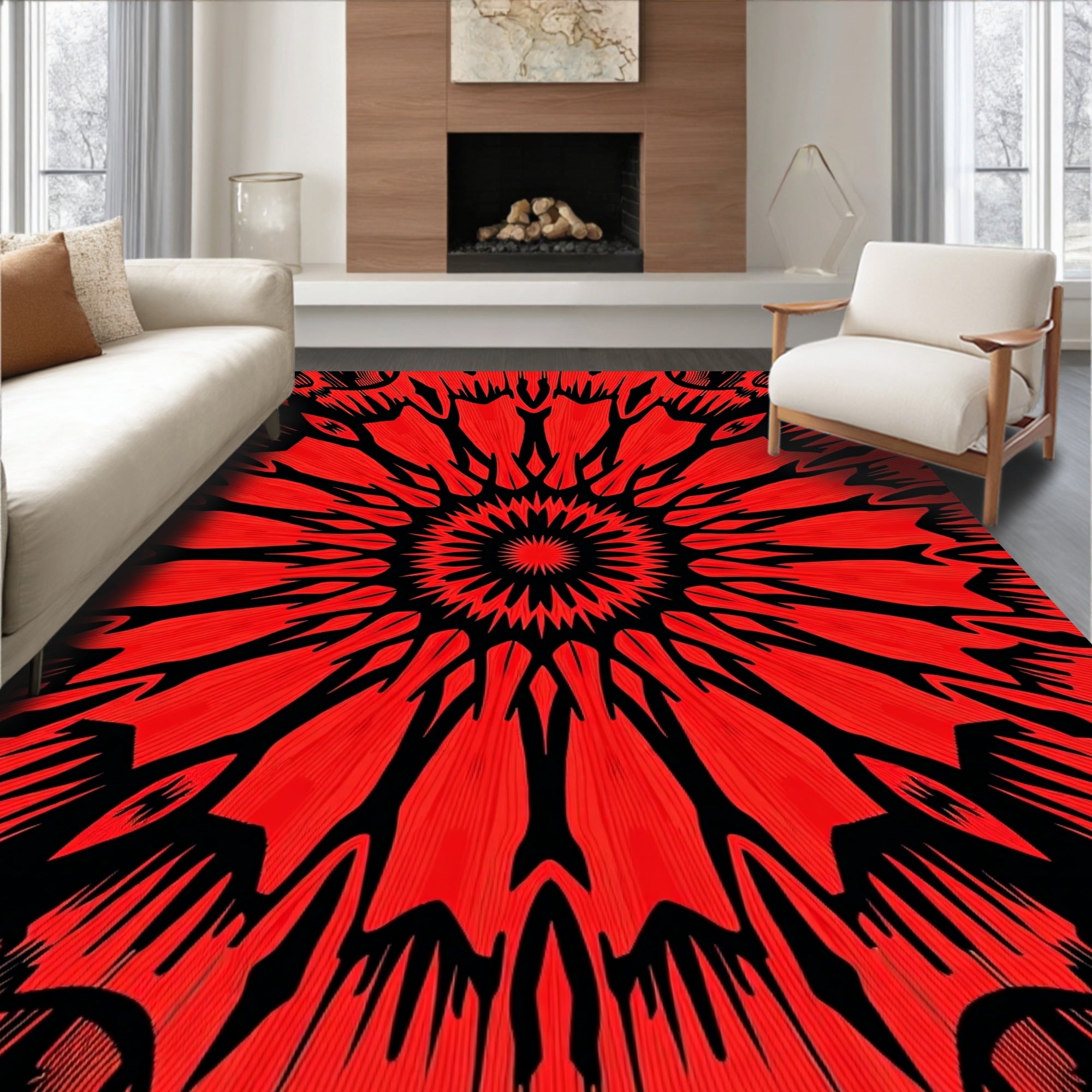 Bold Red Radial Geometric Art Rug