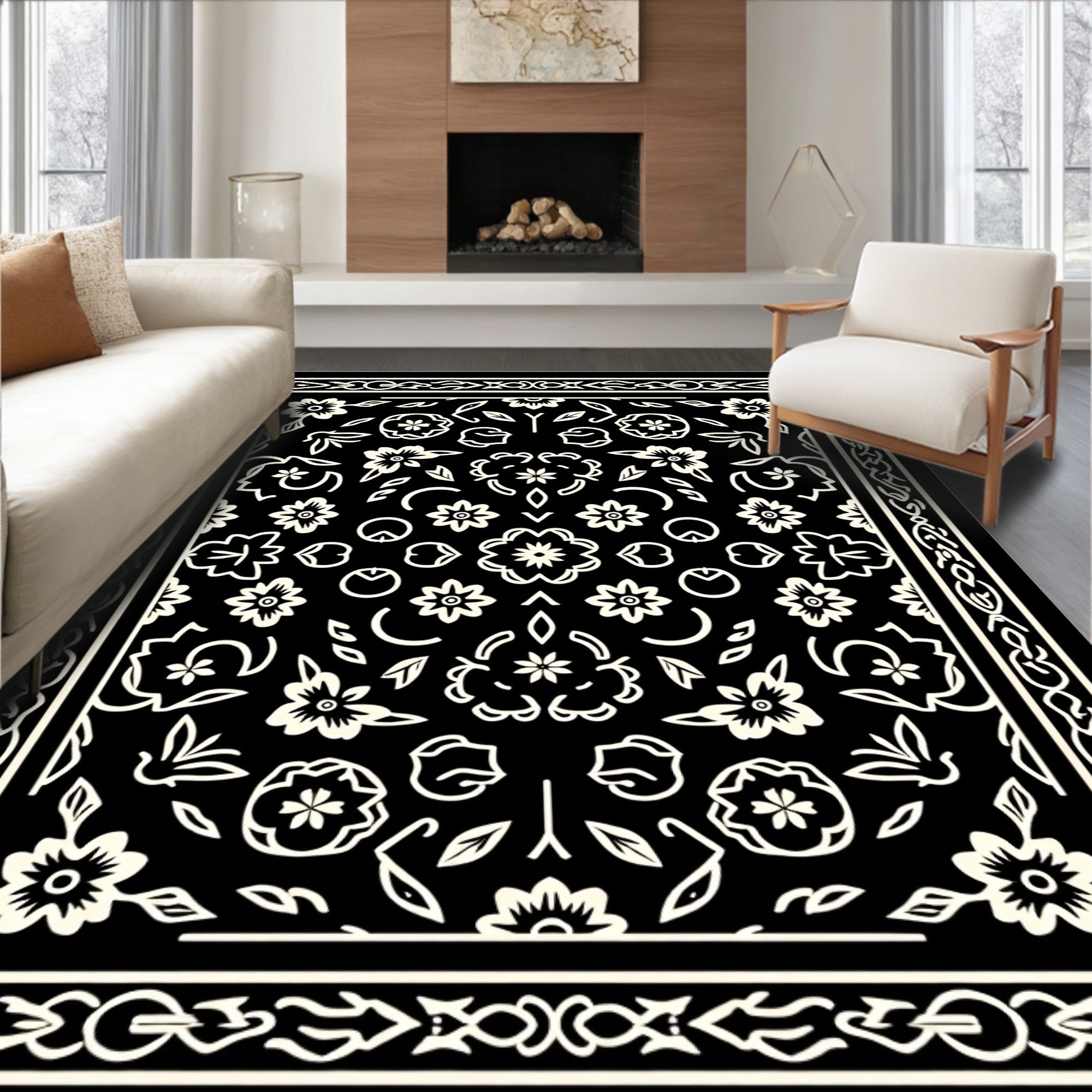Elegant Black Floral Symmetry Rug