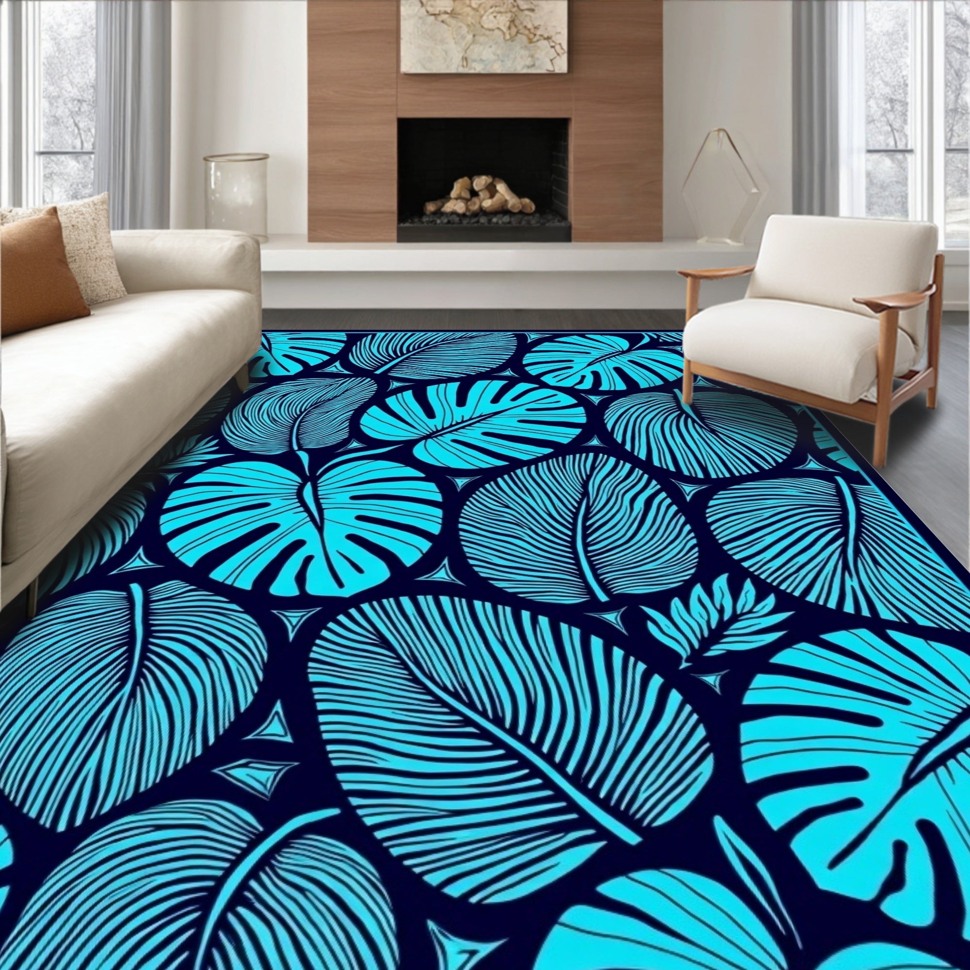Textured Tropical Leaf Pattern Rug