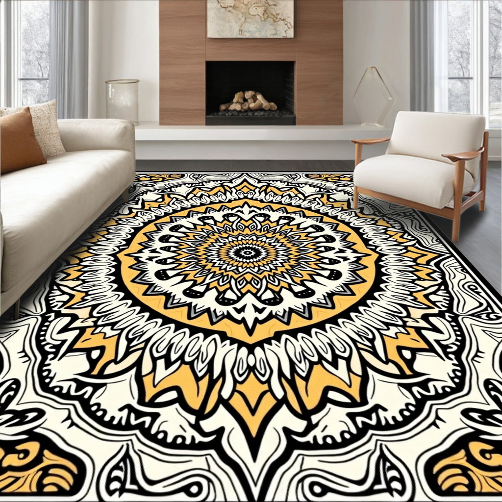Mandala Inspired Yellow Black White Pattern Rug
