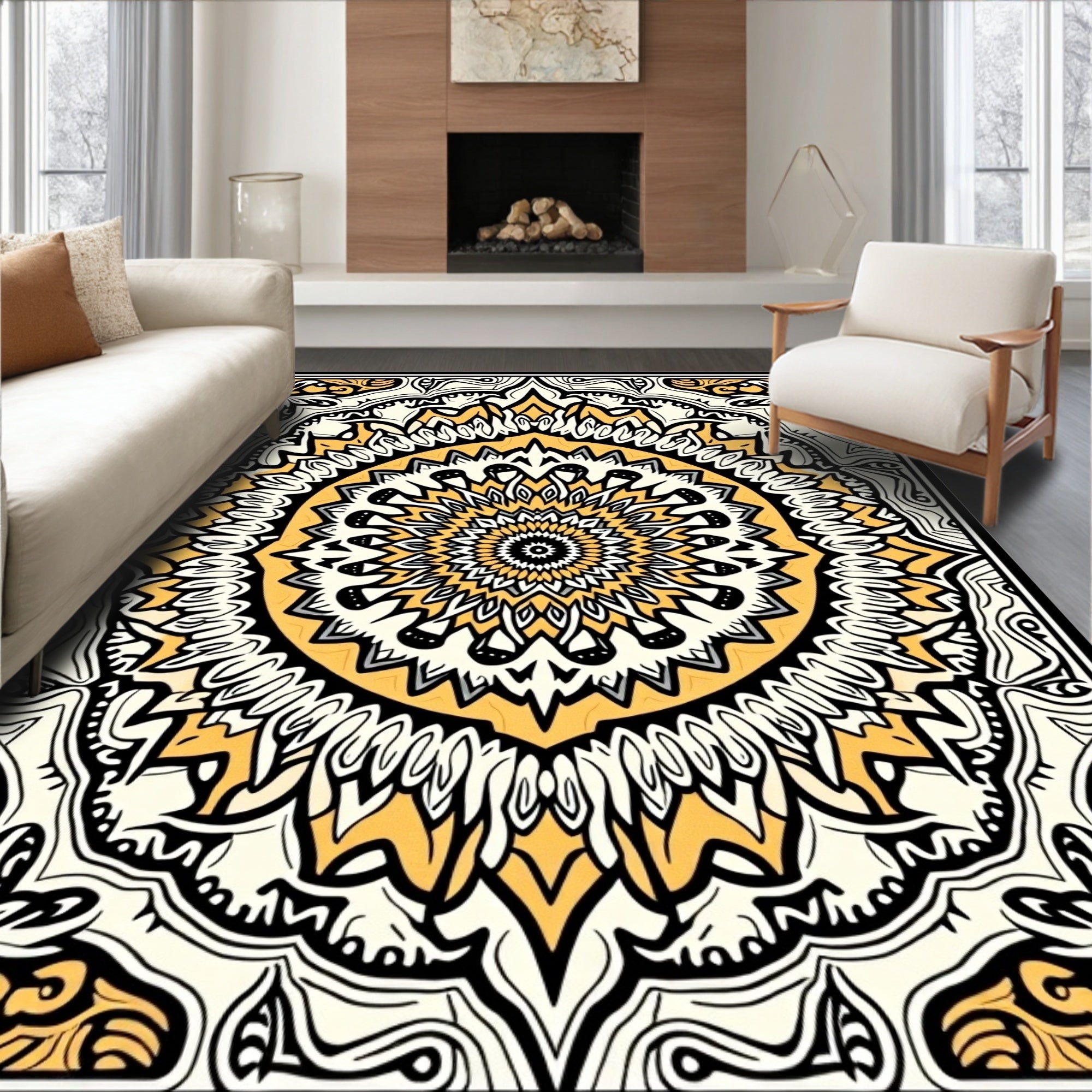 Mandala Inspired Yellow Black White Pattern Rug