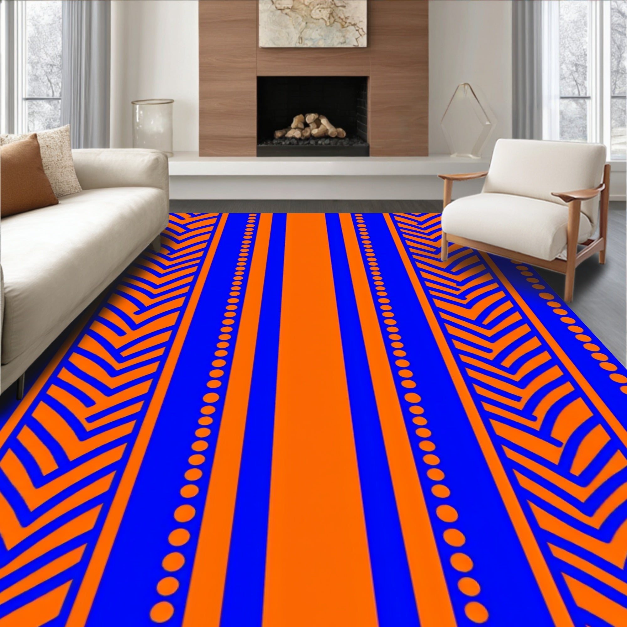 Bold Orange Blue Stripe Design Rug