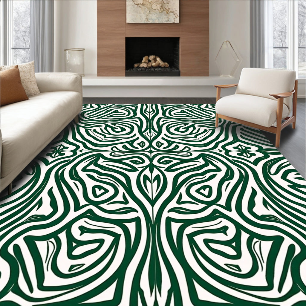 Symmetrical Green And White Organic Pattern Rug