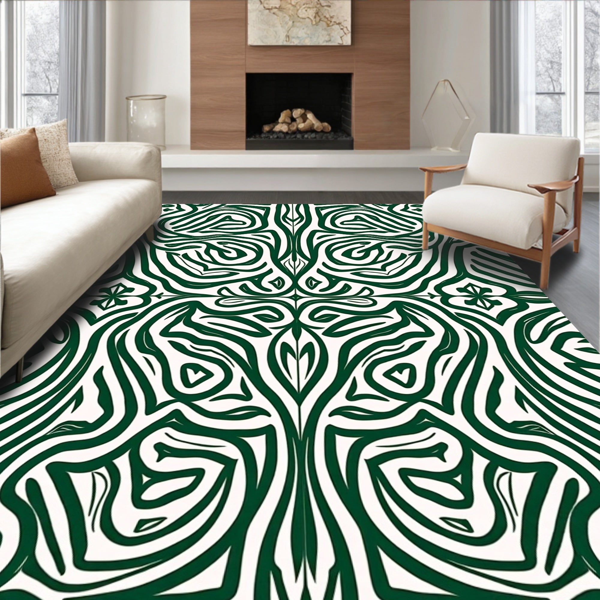 Symmetrical Green And White Organic Pattern Rug