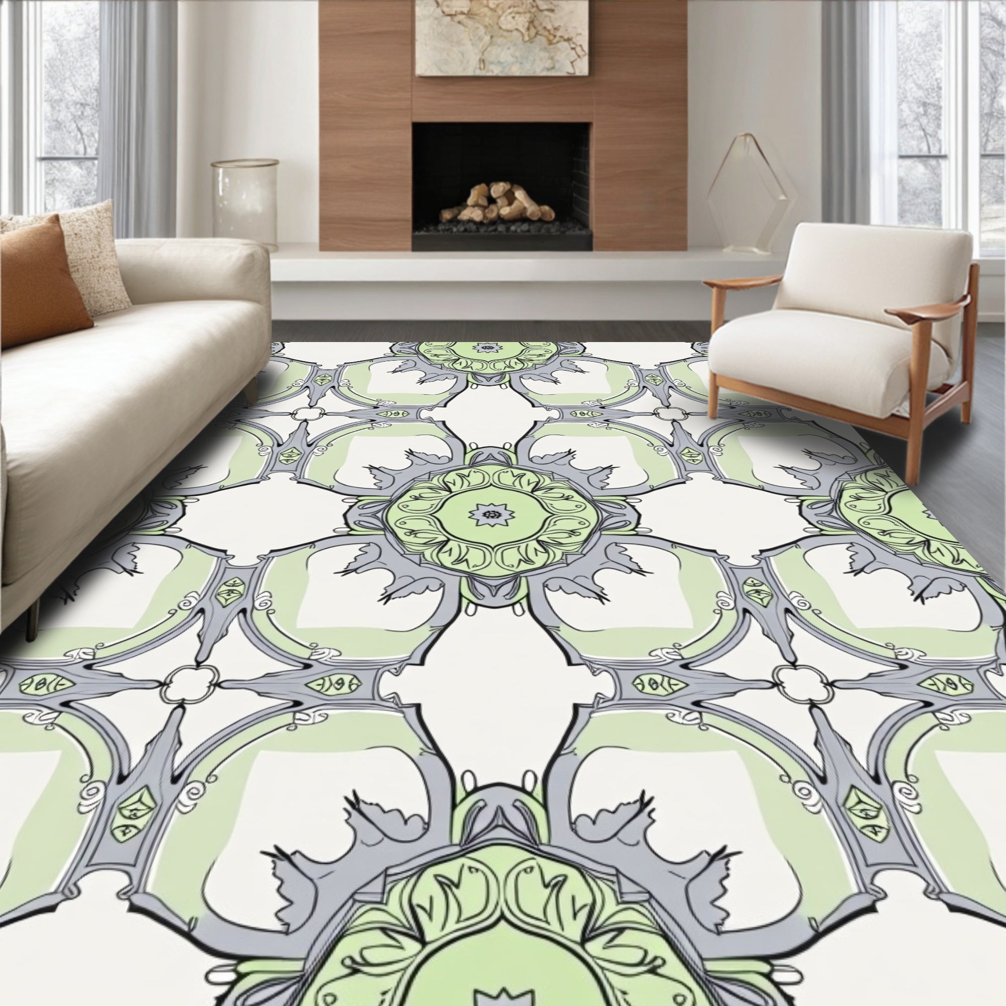 Artistic Light Green Gray Mandala Pattern Rug