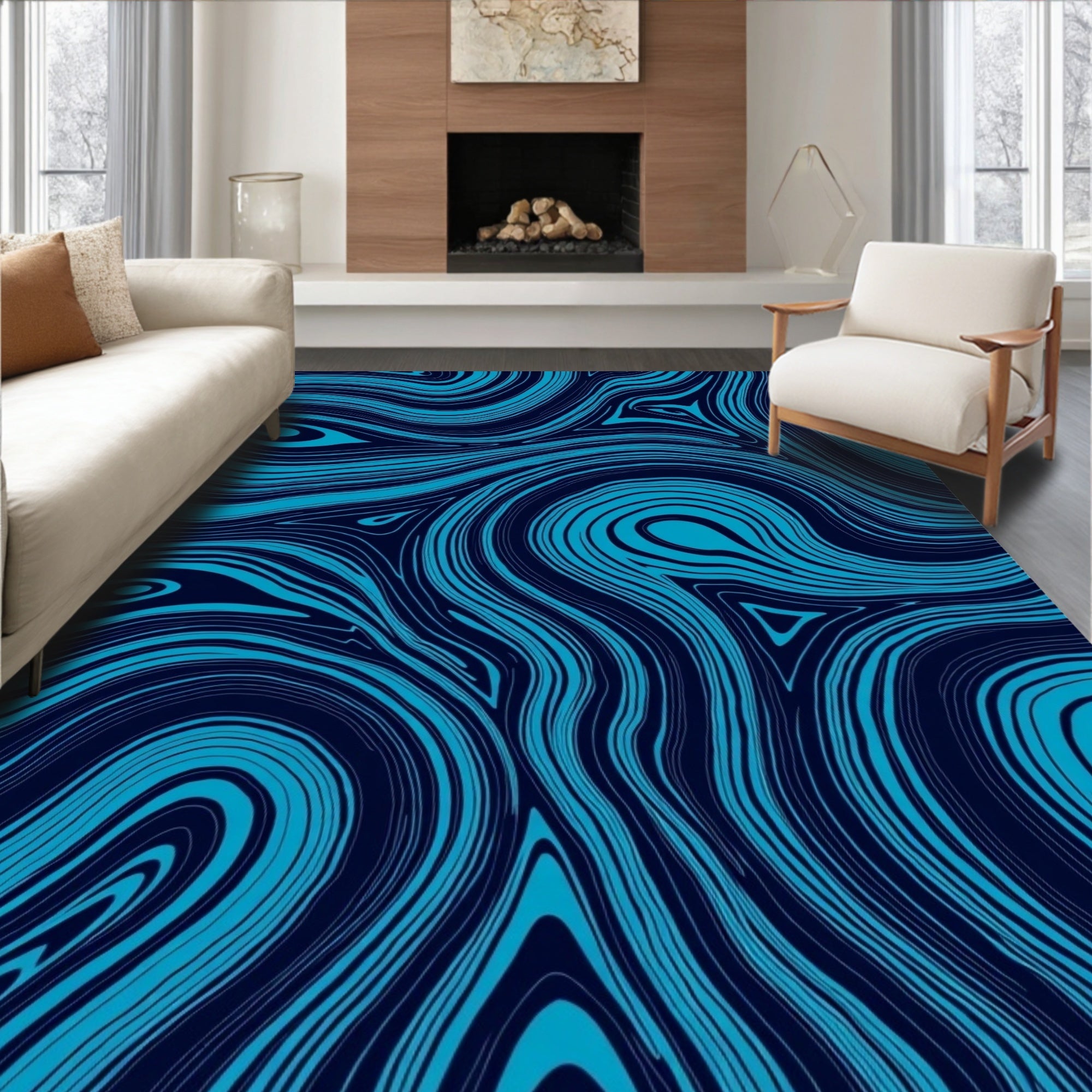 Deep Blue Wavy Flow Pattern Rug