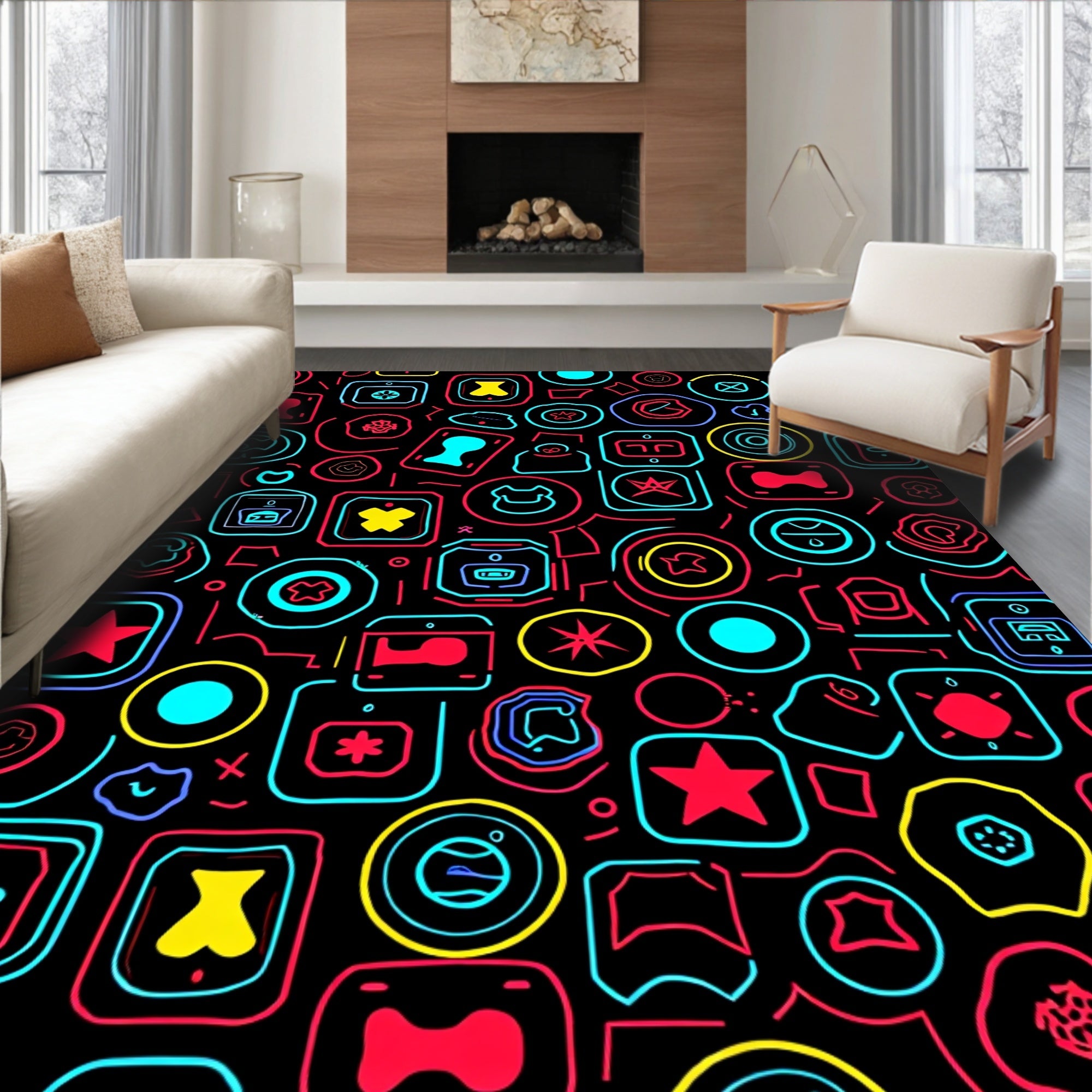 Neon Doodle Icon Pattern Rug