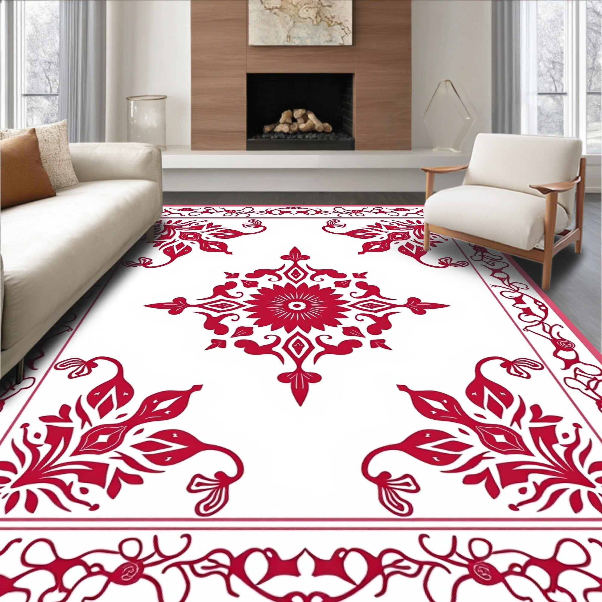Vibrant Red Floral Scrollwork Mandala Rug