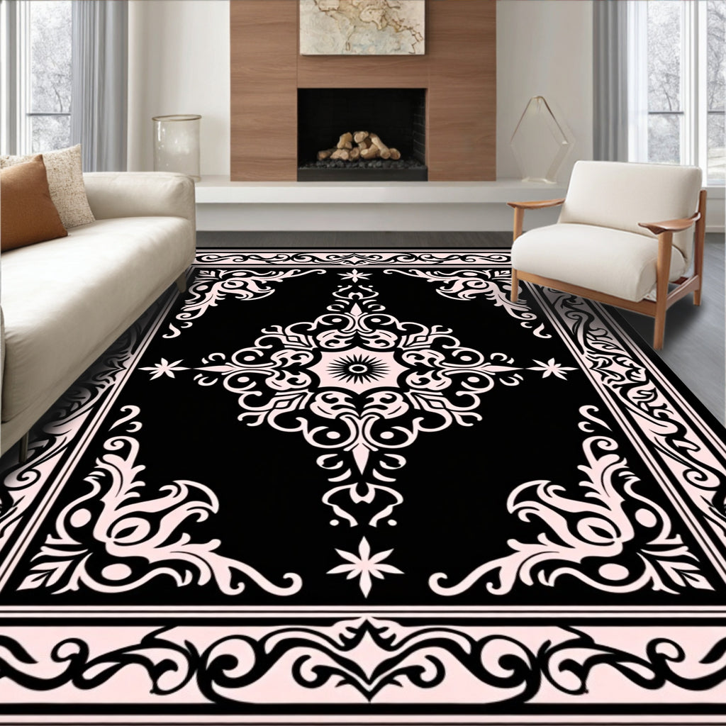 Elegant Black Pink Damask Pattern Rug