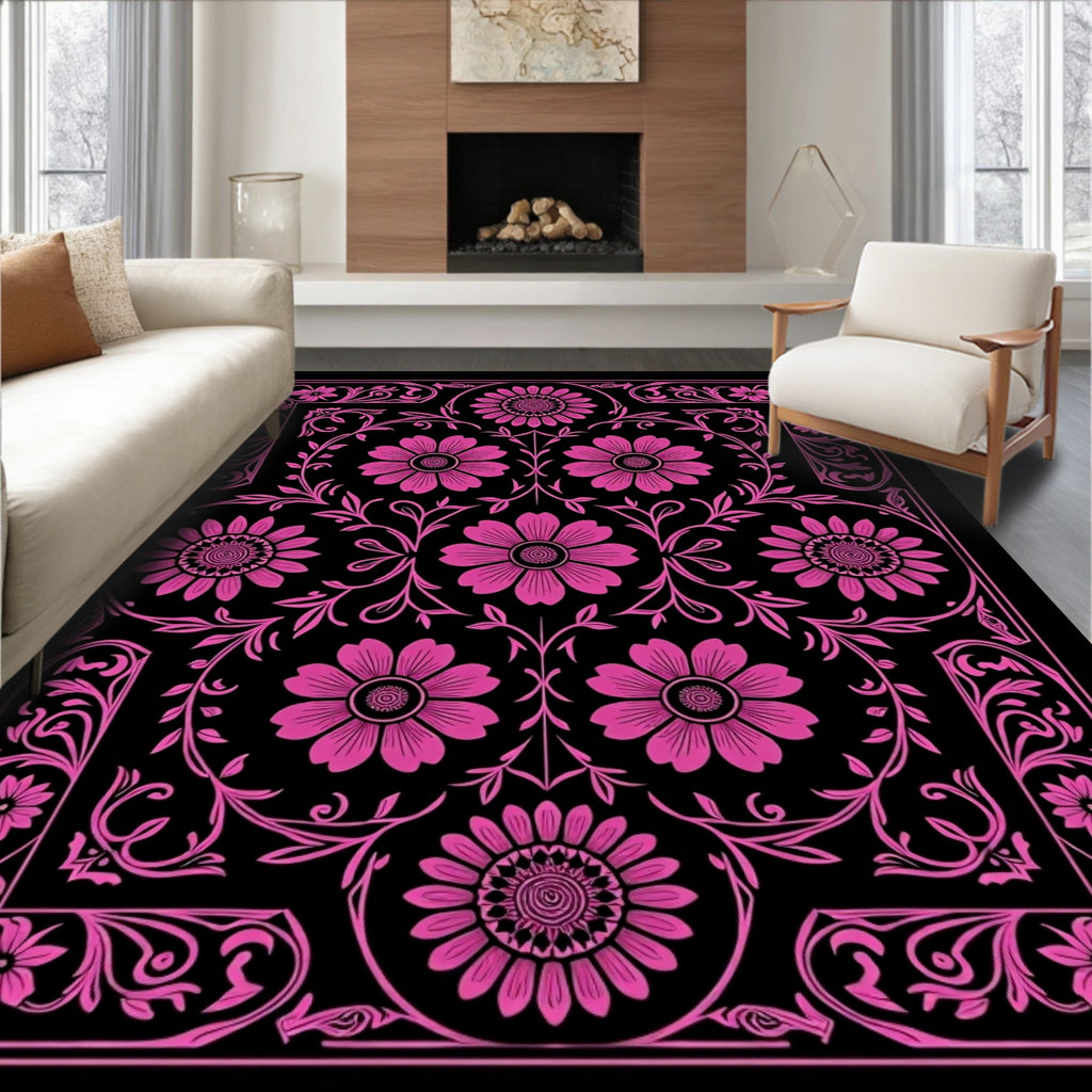 Pink Floral Bordered Symmetry Rug