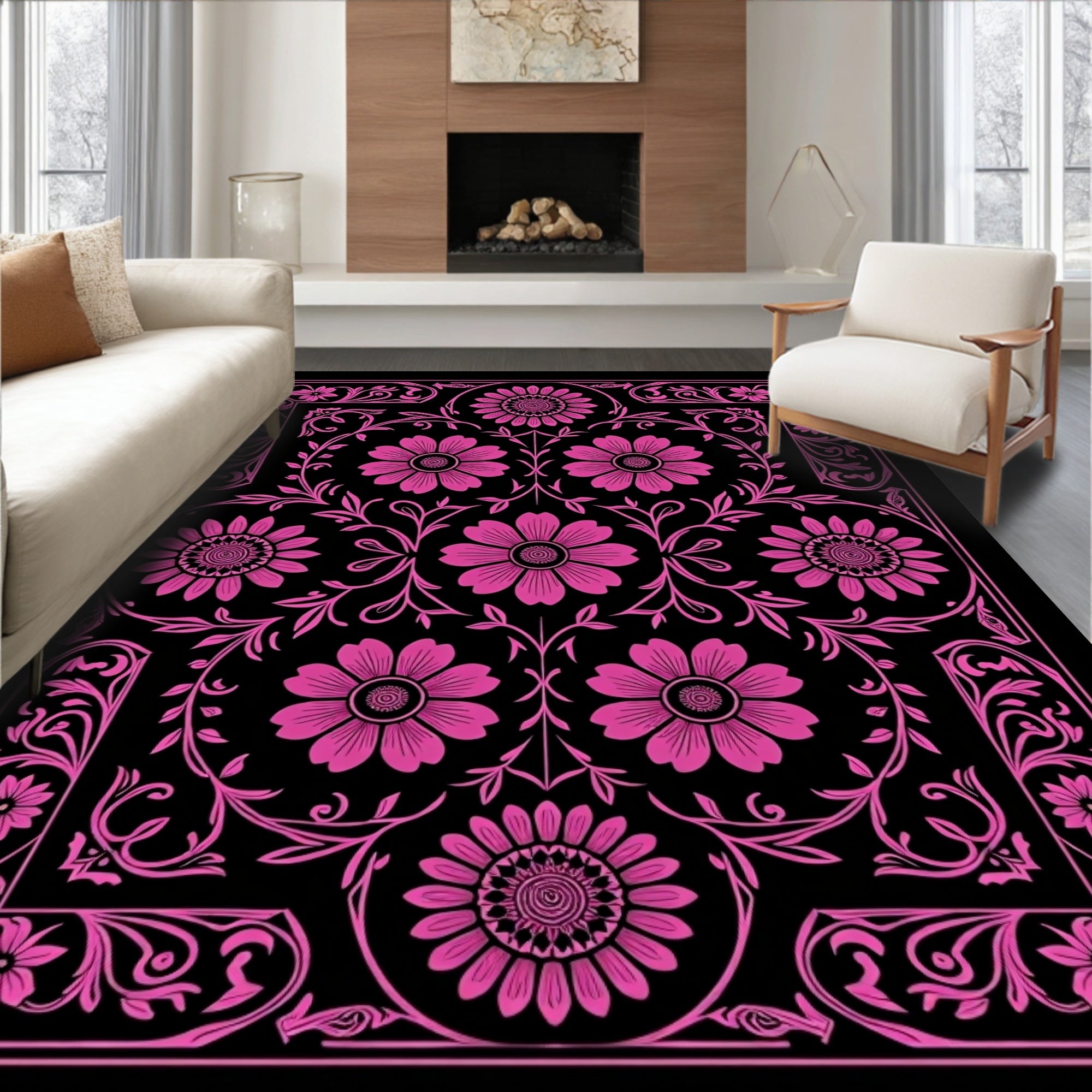 Pink Floral Bordered Symmetry Rug