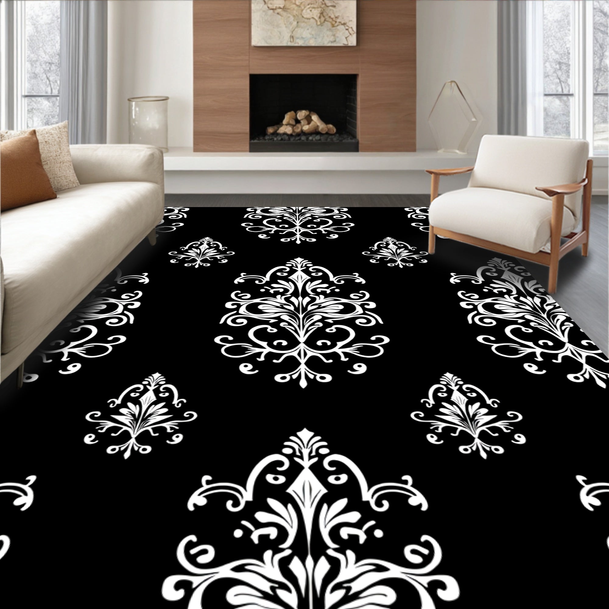 White Floral Damask Pattern Rug
