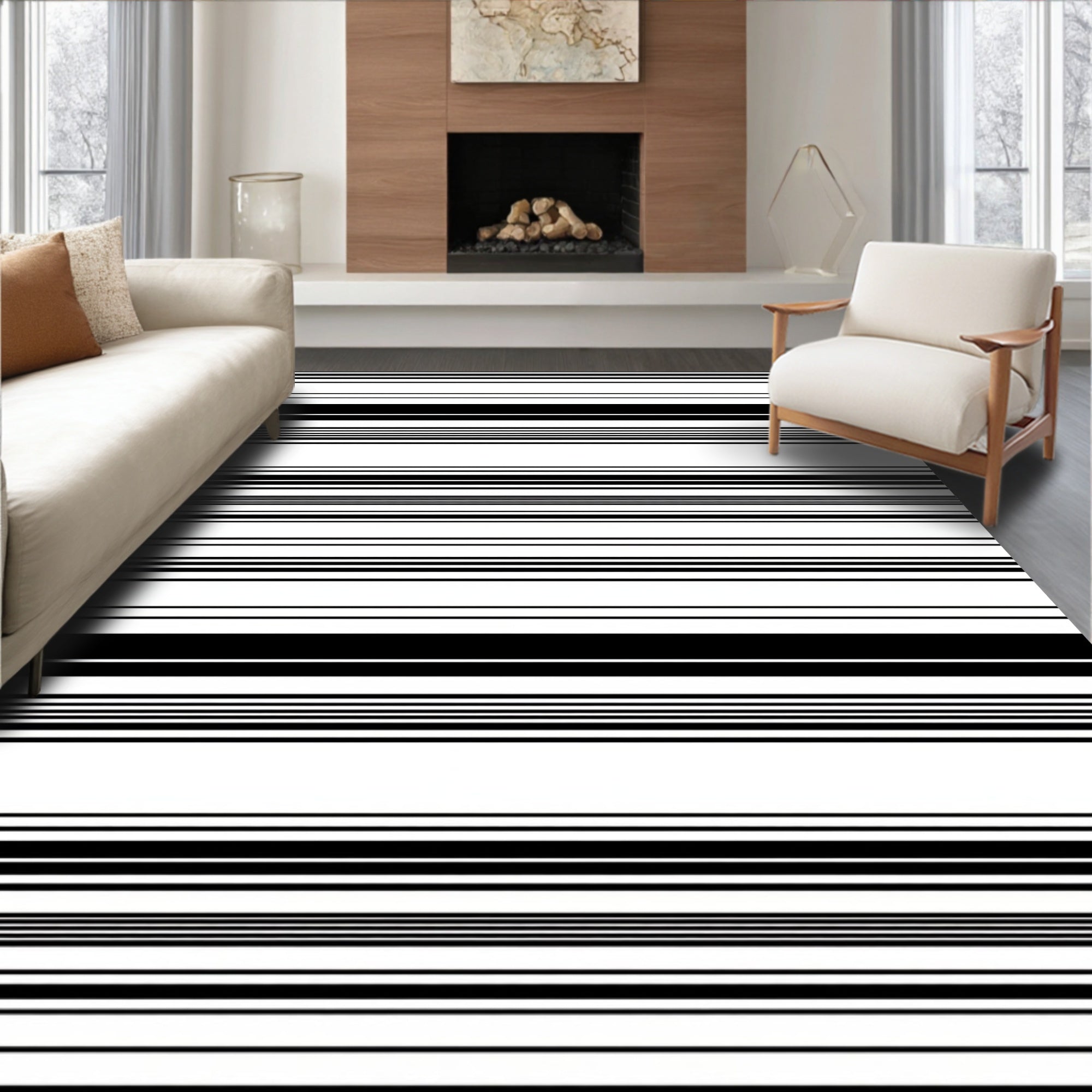 Bold Black White Striped Pattern Rug
