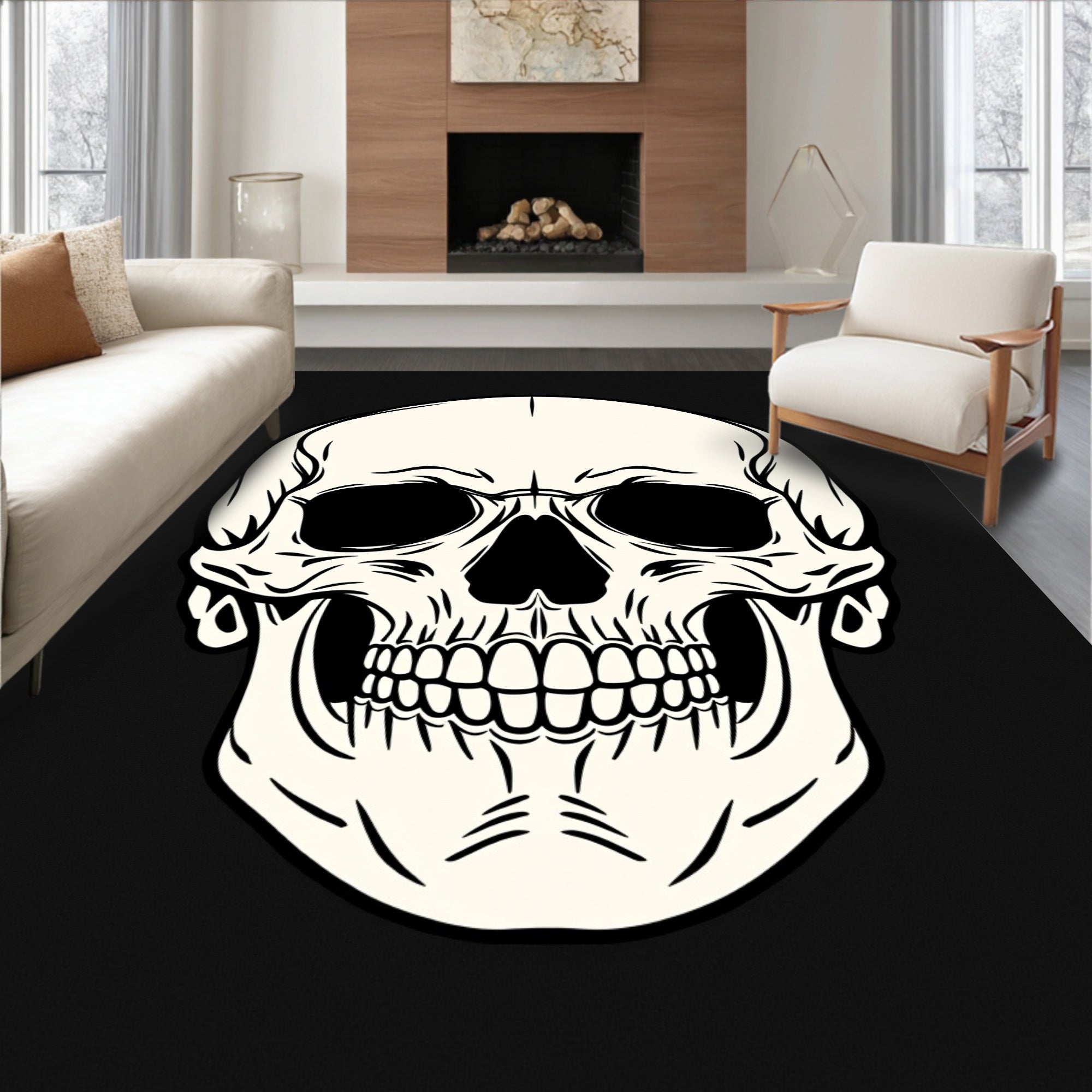 Bold Black and Cream Skull Graphic Rug