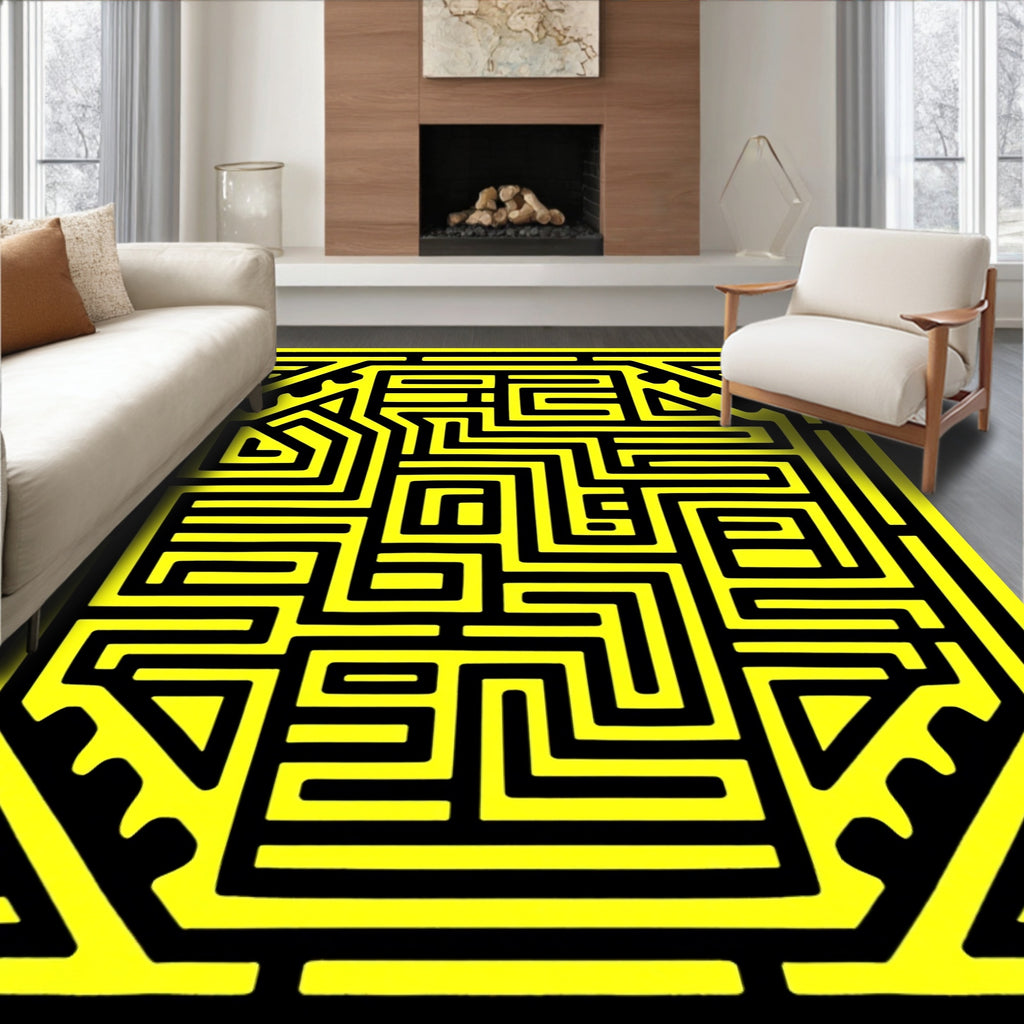 Bold Black Geometric Maze Pattern Rug