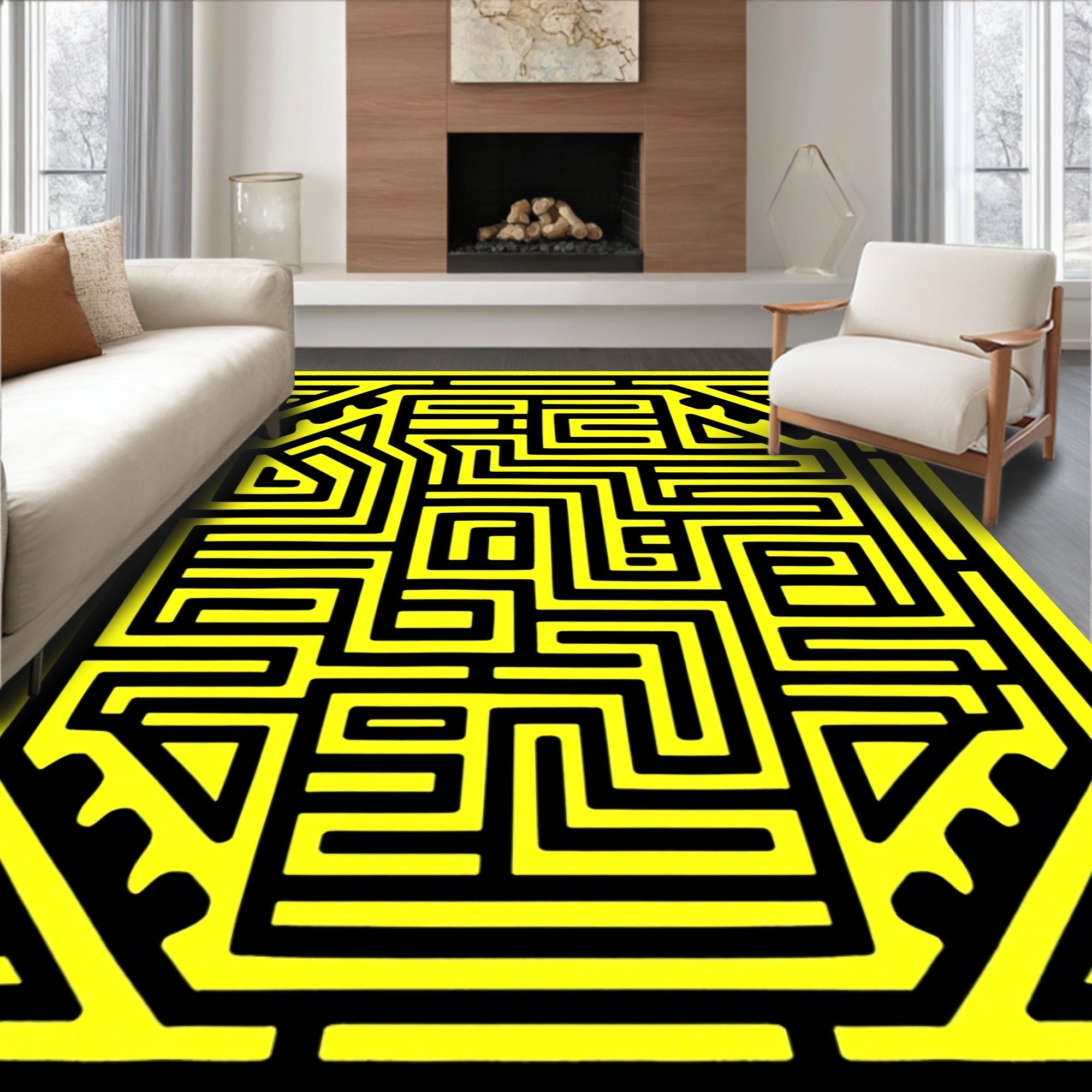 Bold Black Geometric Maze Pattern Rug