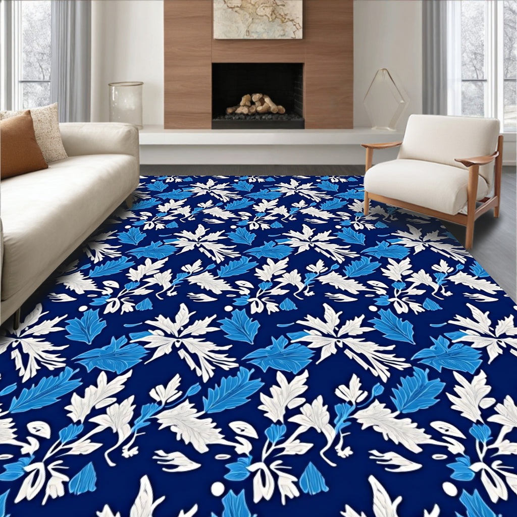Deep Blue White Leaf Foliage Rug