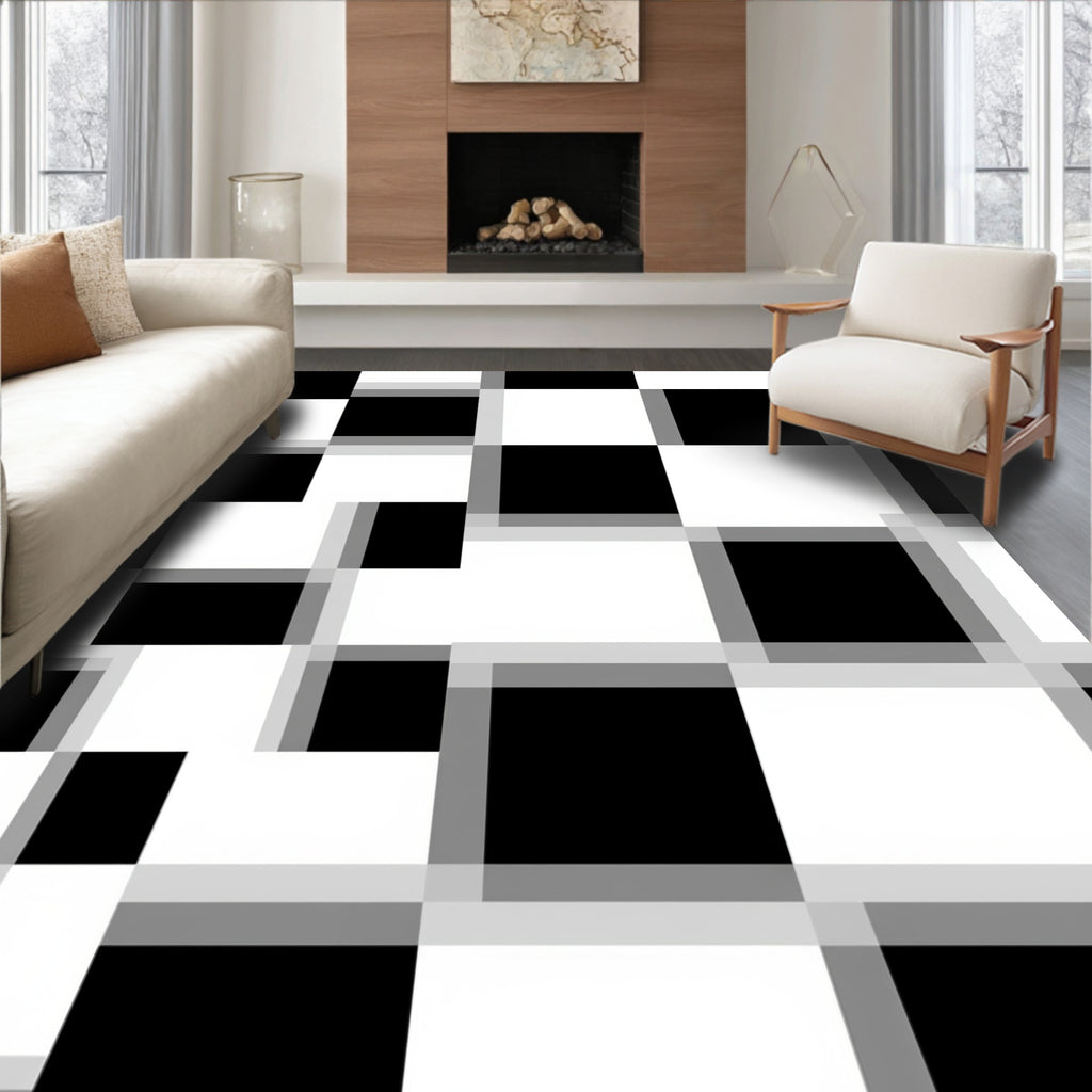 Abstract Black White Checkered Art Rug