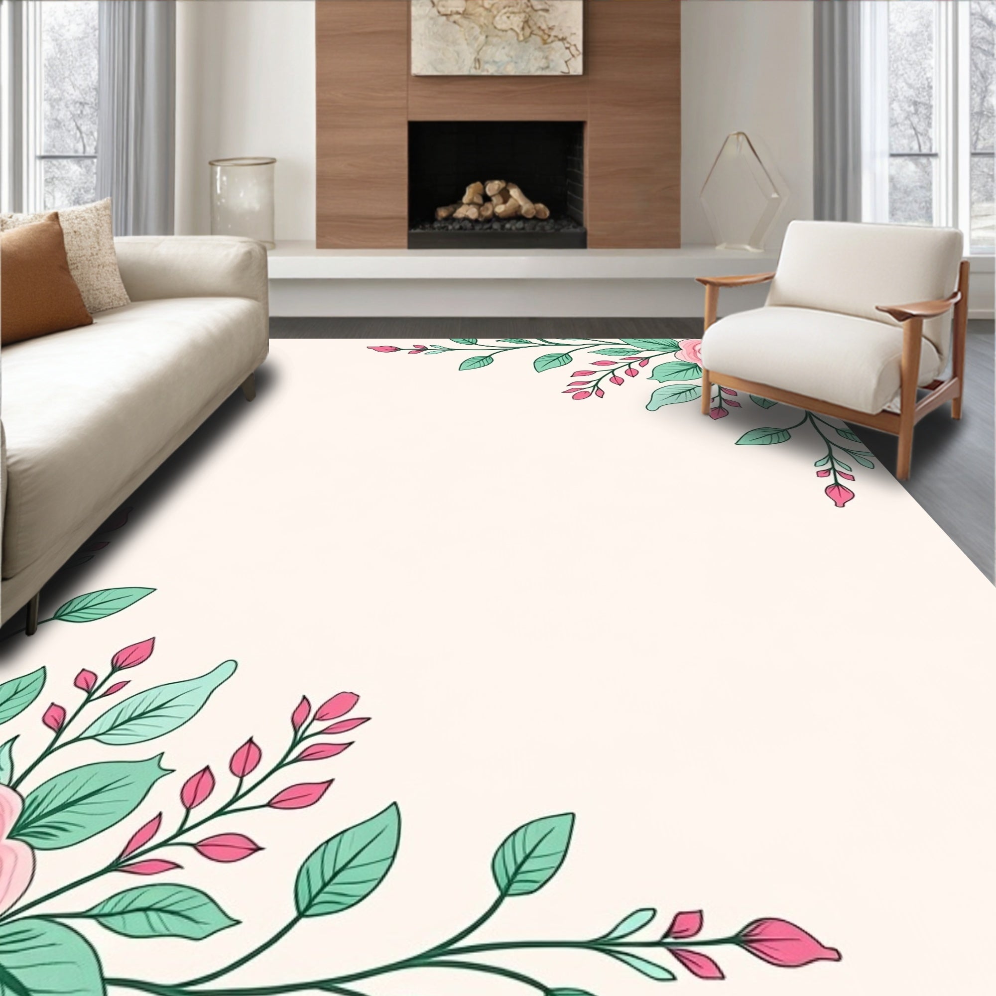 Pink Rose Floral Corner Design Rug