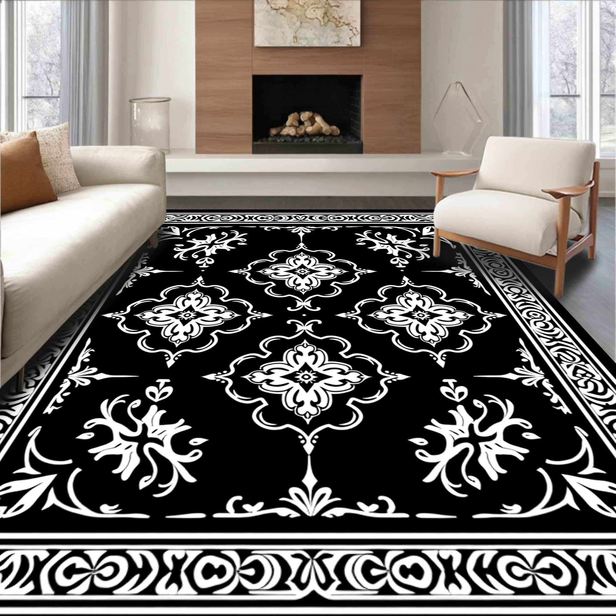 Ornate Black White Damask Patterned Rug