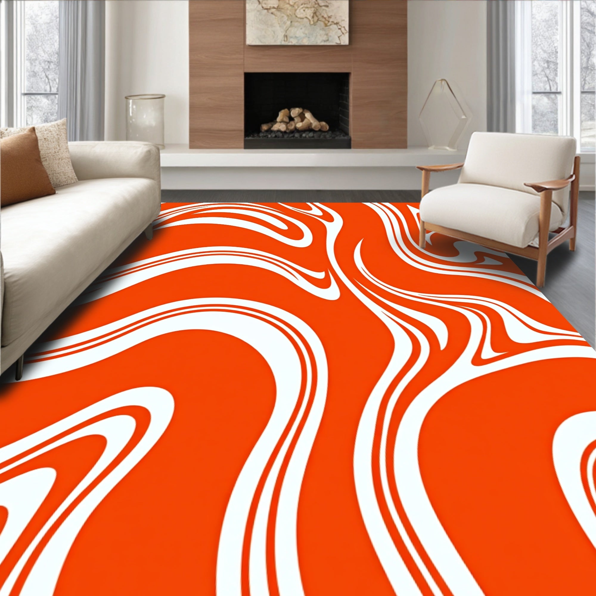 Vibrant Orange White Swirl Pattern Rug