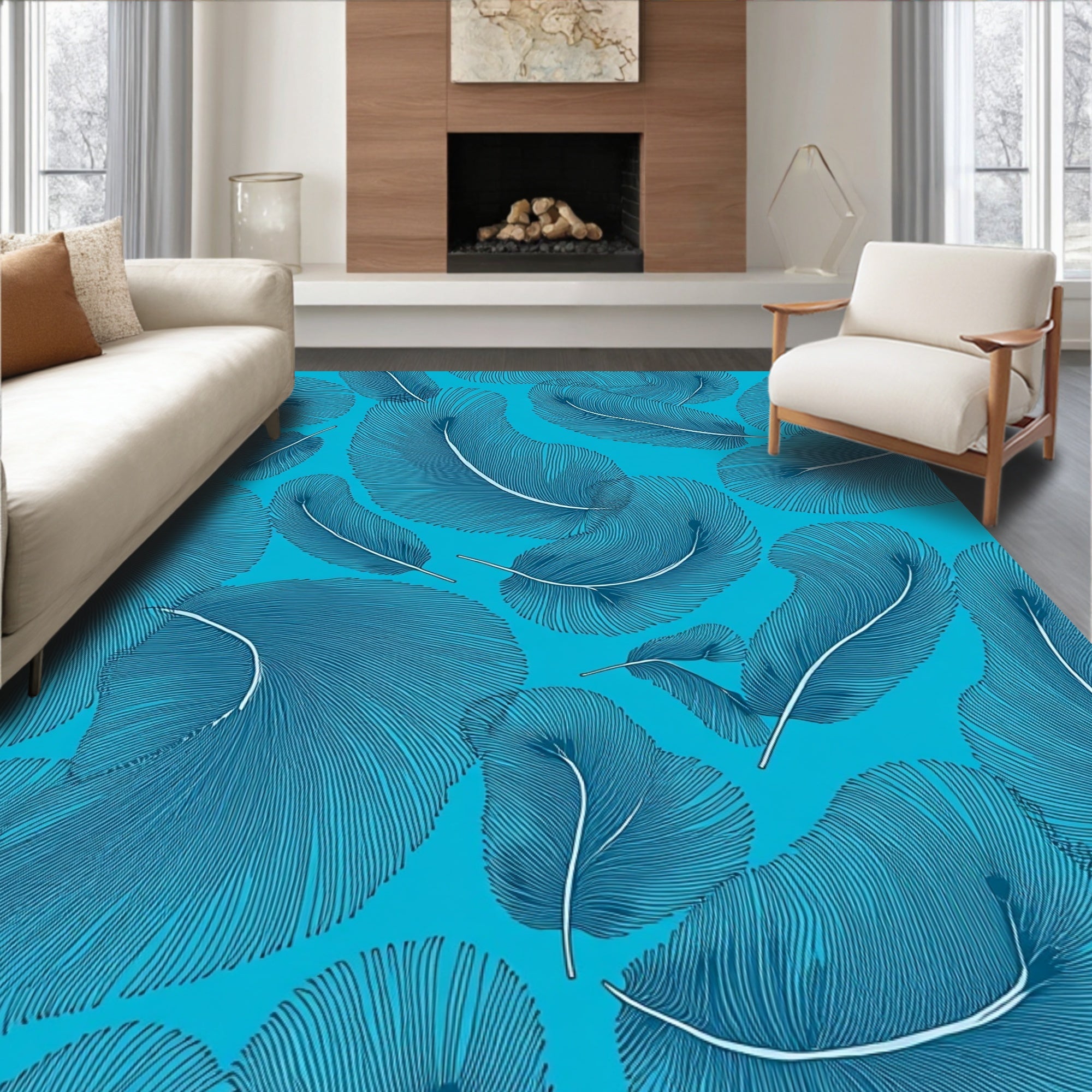 Deep Teal Feathered Swirl Rug