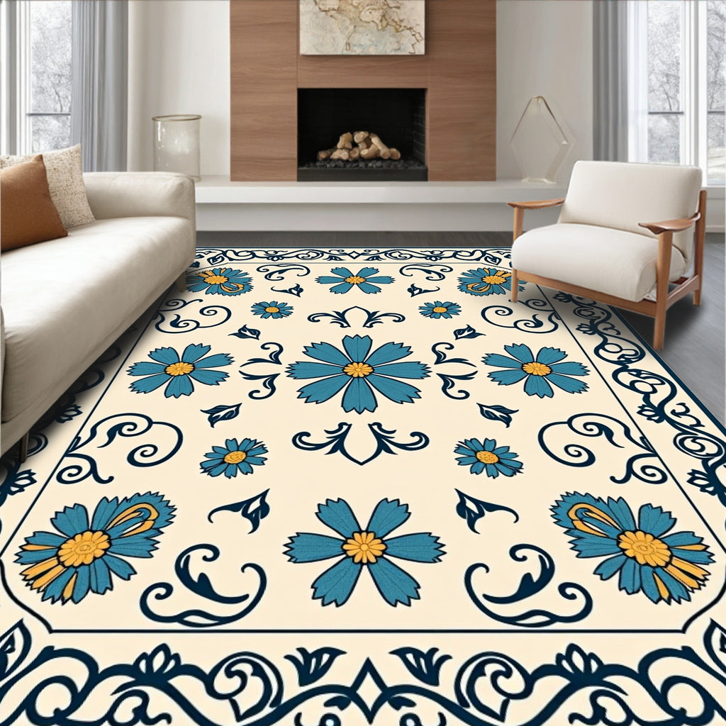 Floral Vines Beige Blue Pattern Rug