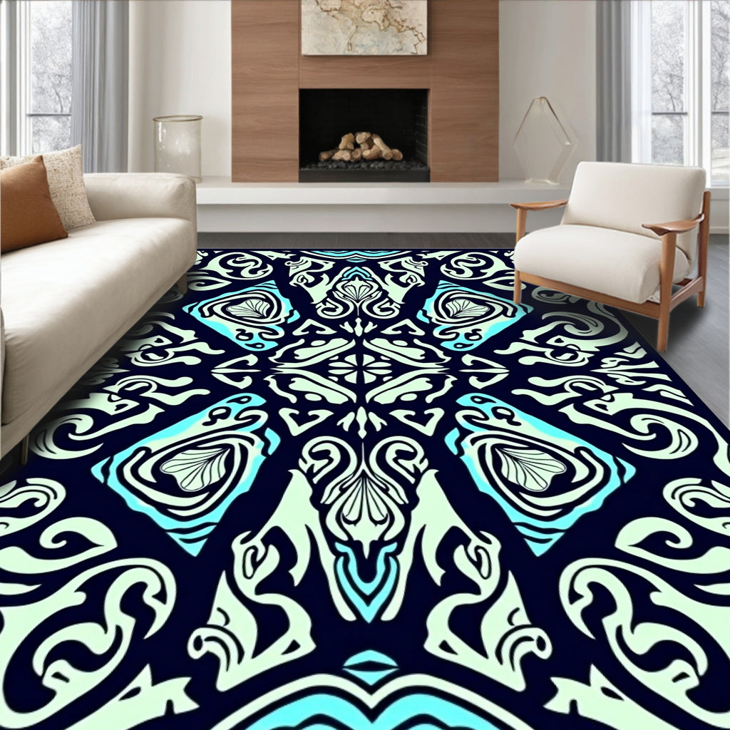 Dark Teal Abstract Scroll Pattern Rug
