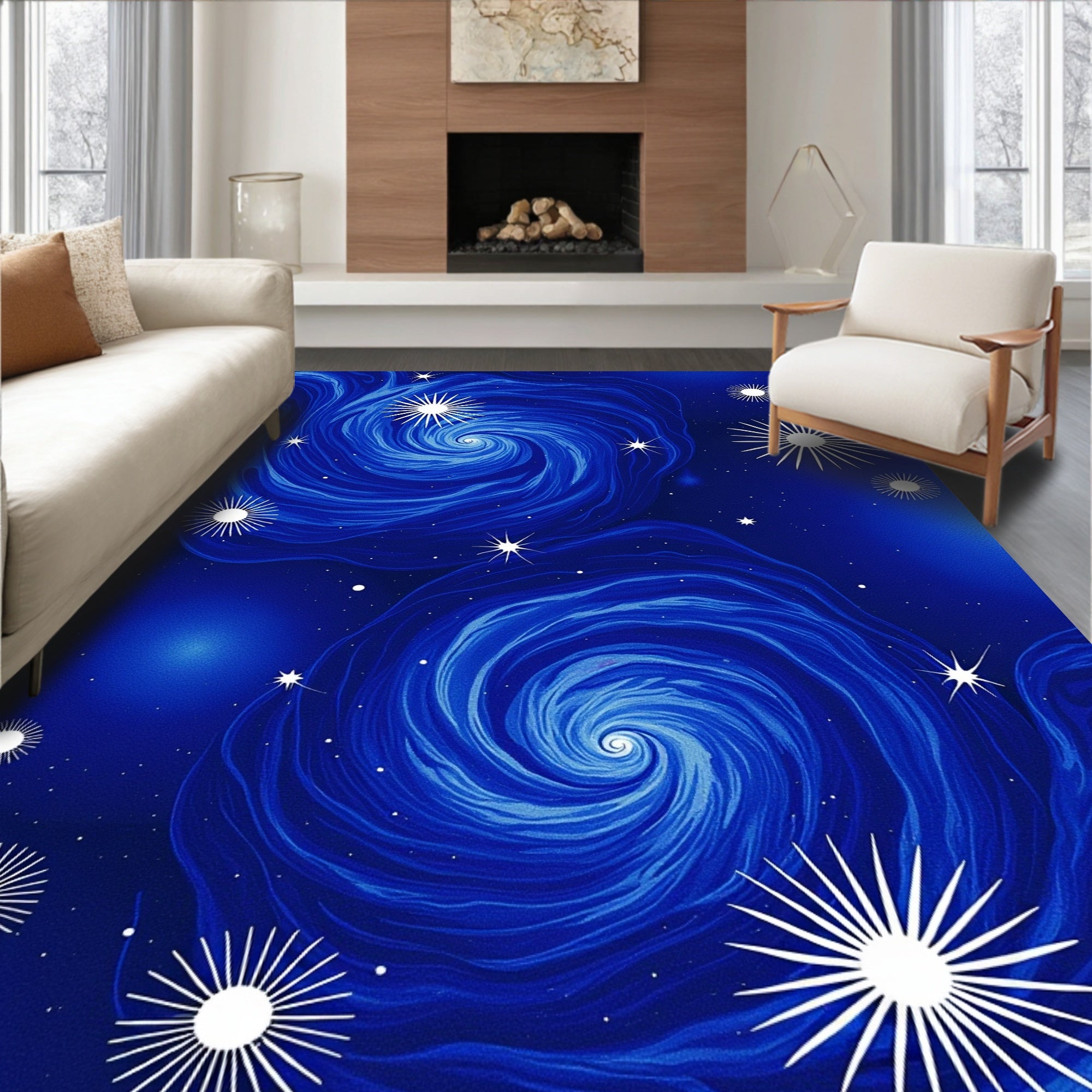 Deep Blue Swirls With Starbursts Design Rug