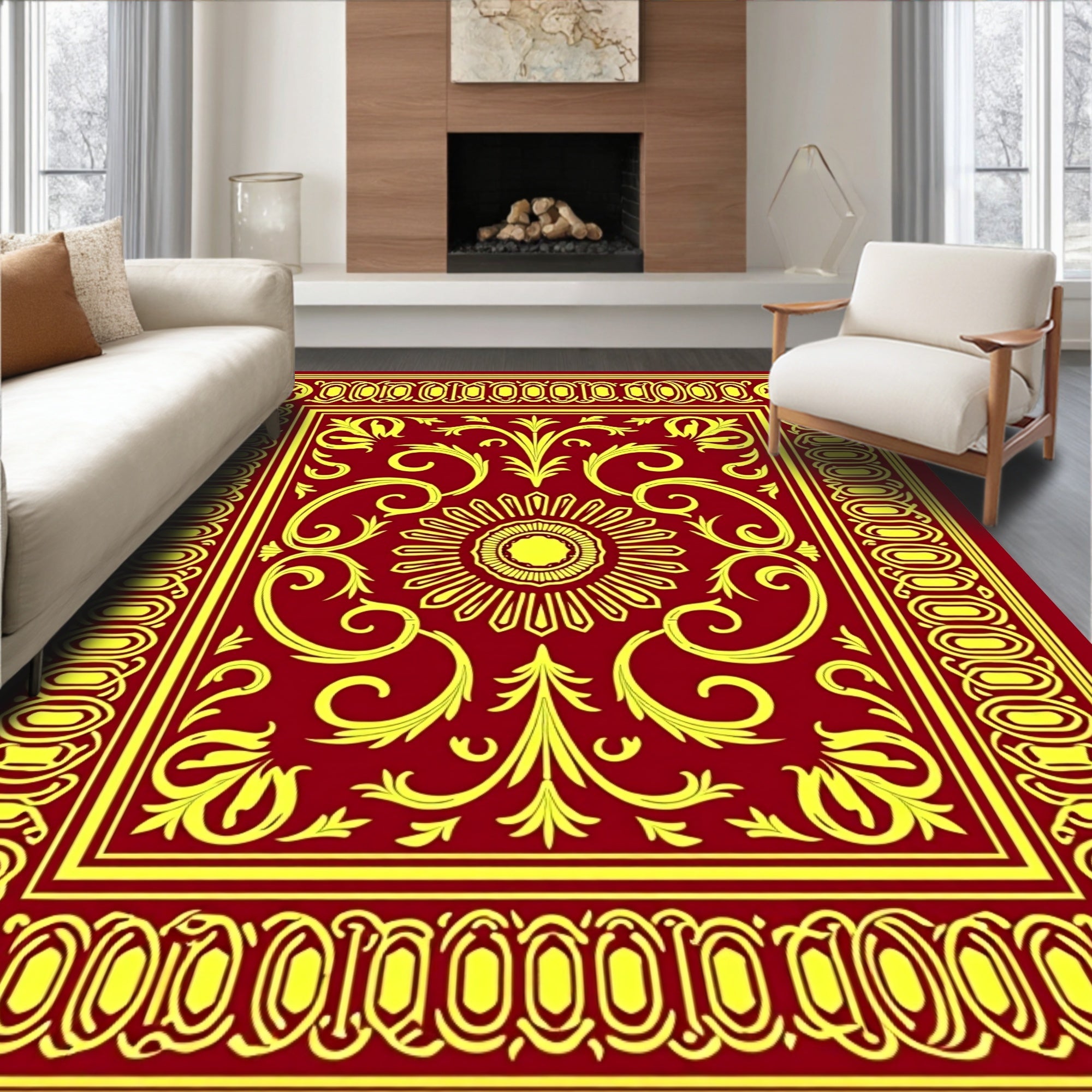 Ornate Red Gold Floral Medallion Rug