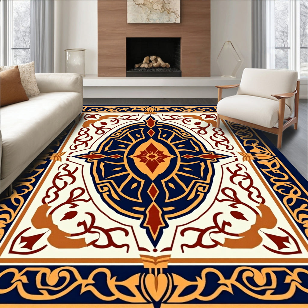 Intricate Navy Gold Medallion Design Rug