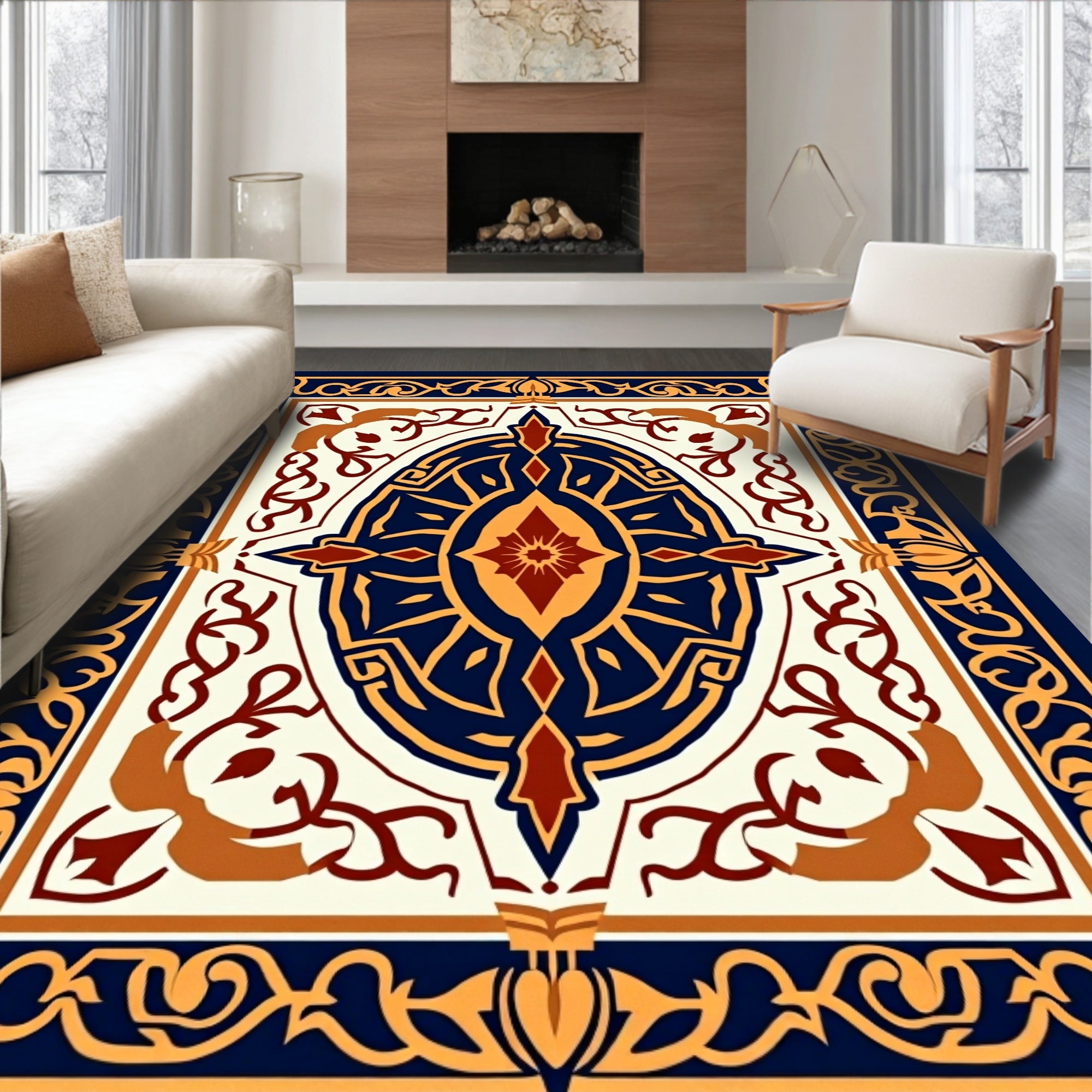 Intricate Navy Gold Medallion Design Rug