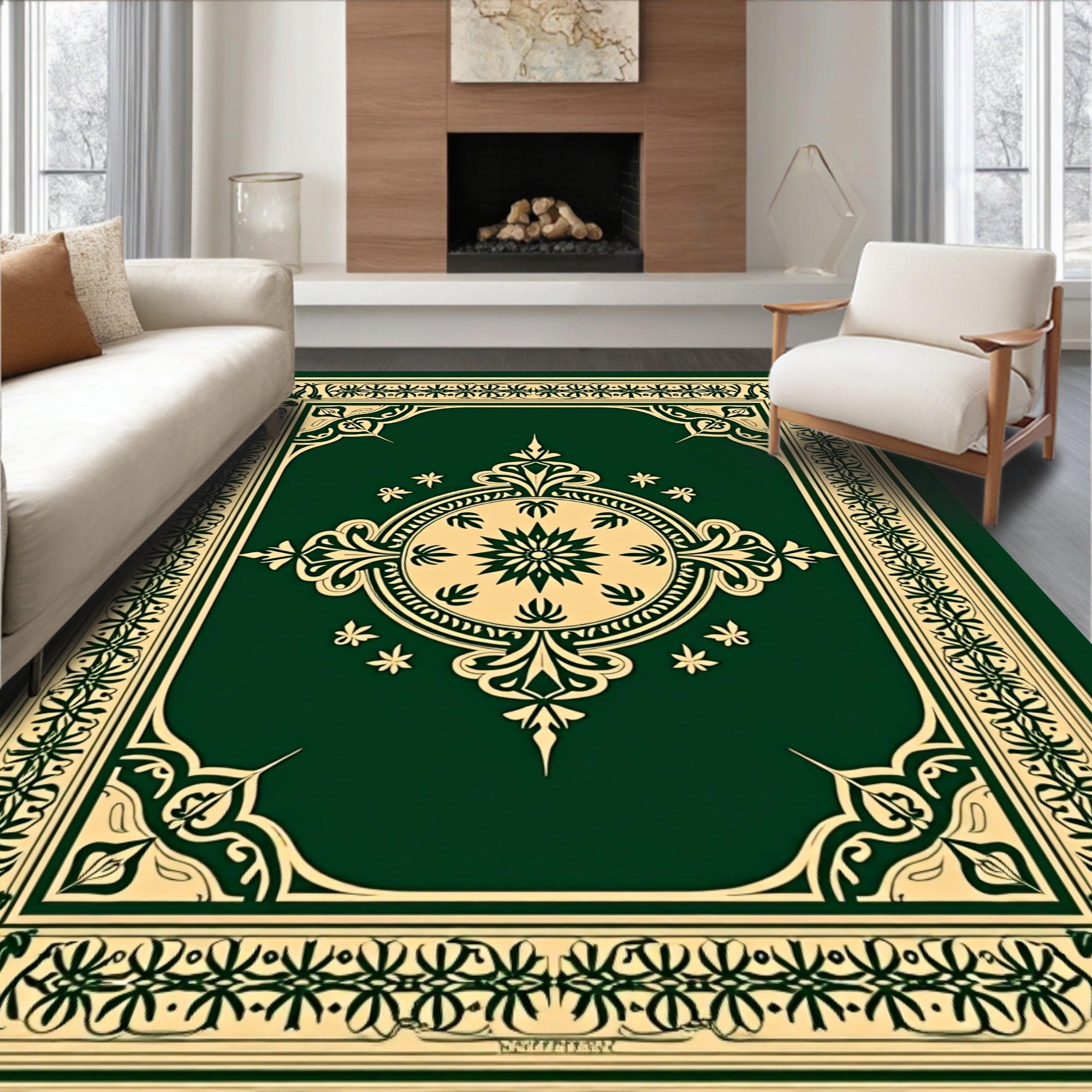 Classic Green Gold Medallion Border Rug