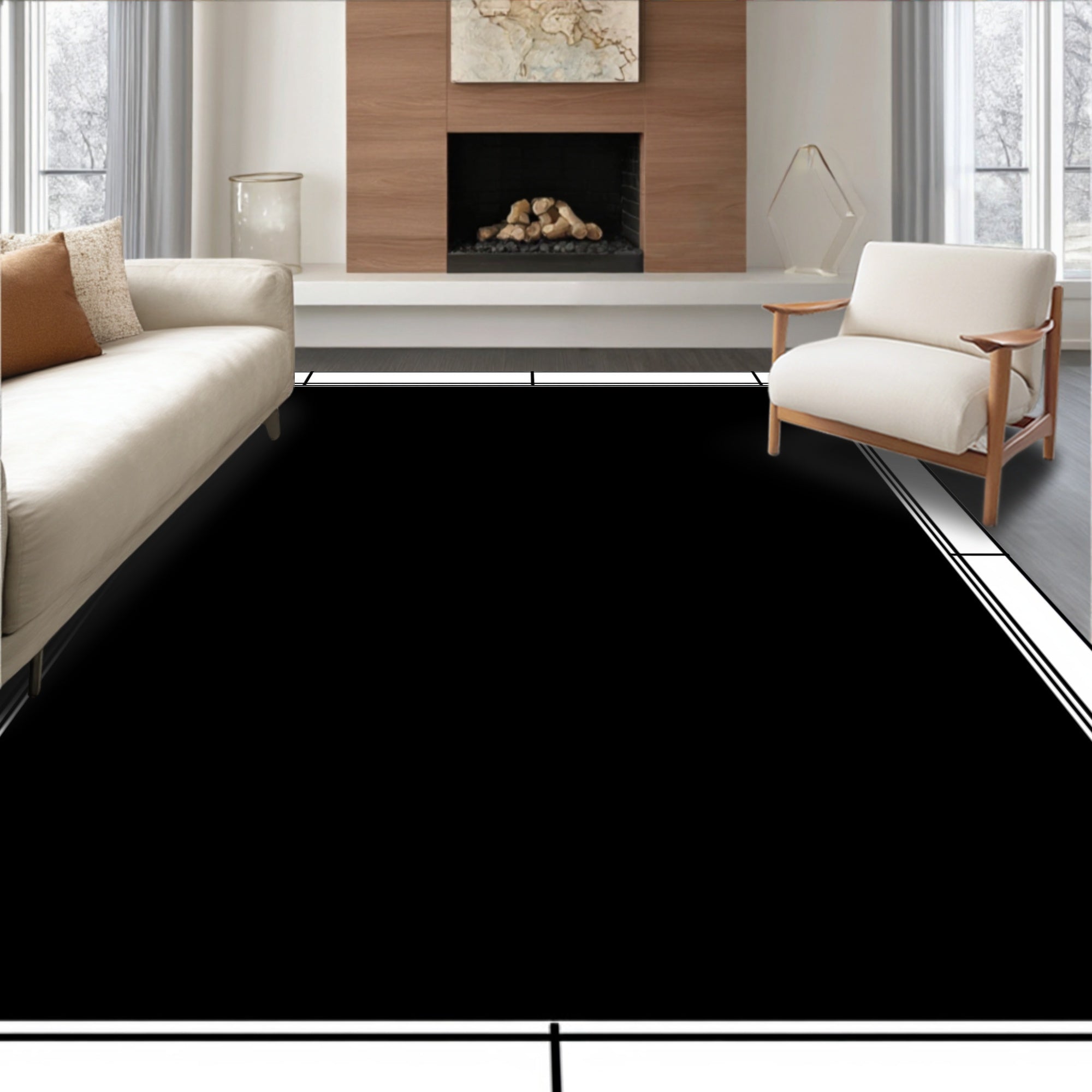 Bold Black Rectangle Border Pattern Rug