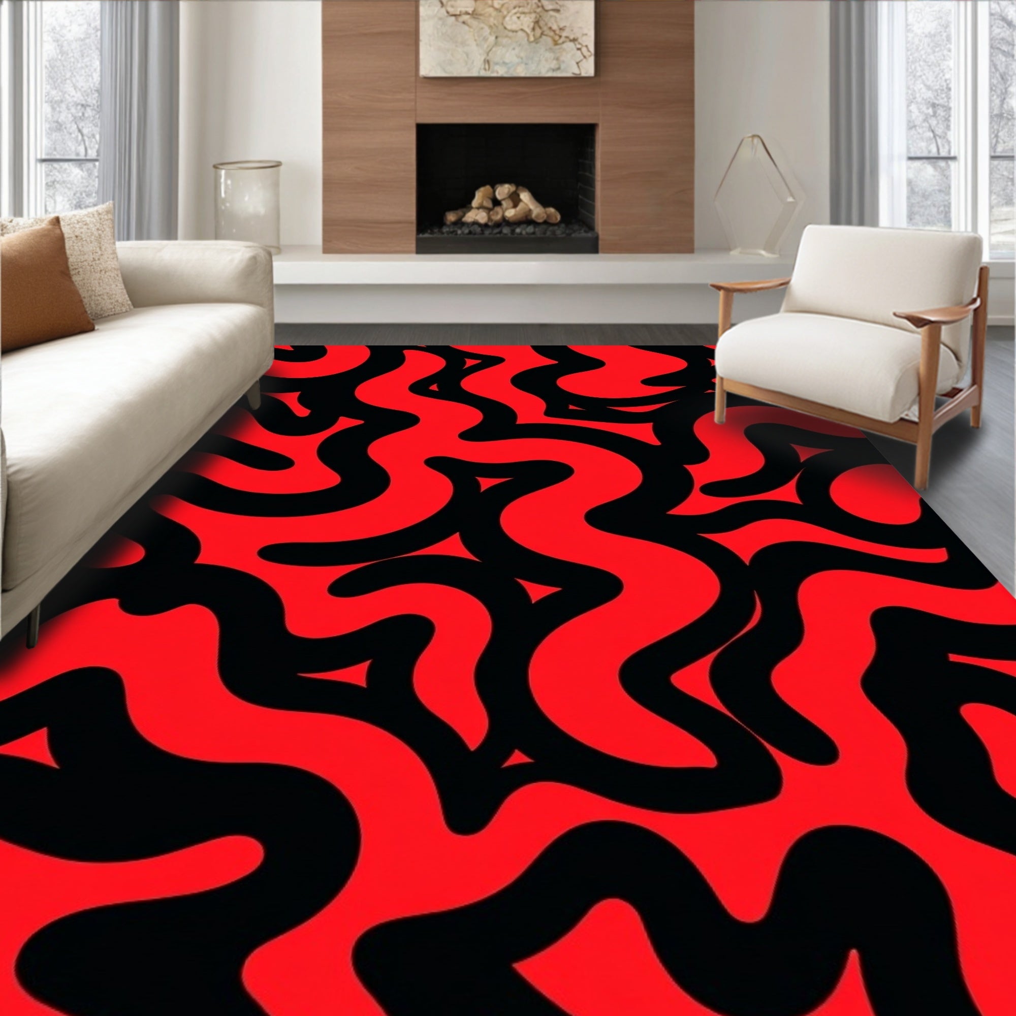 Red and Black Wavy Abstract Design Rug