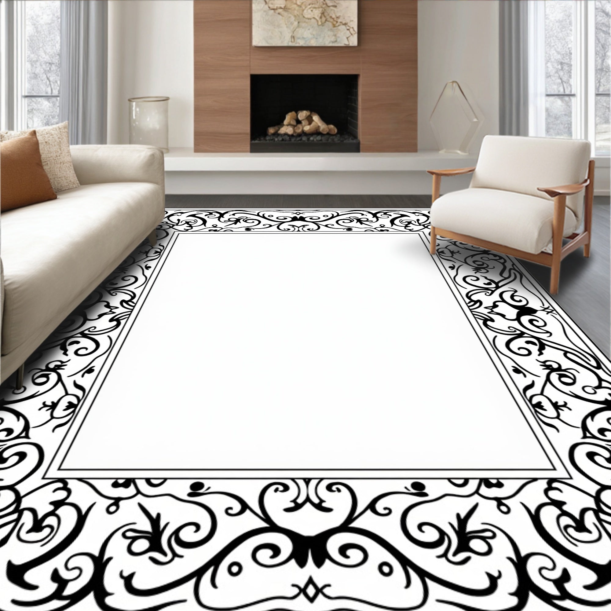 Classic Black Scroll Vine Design Rug