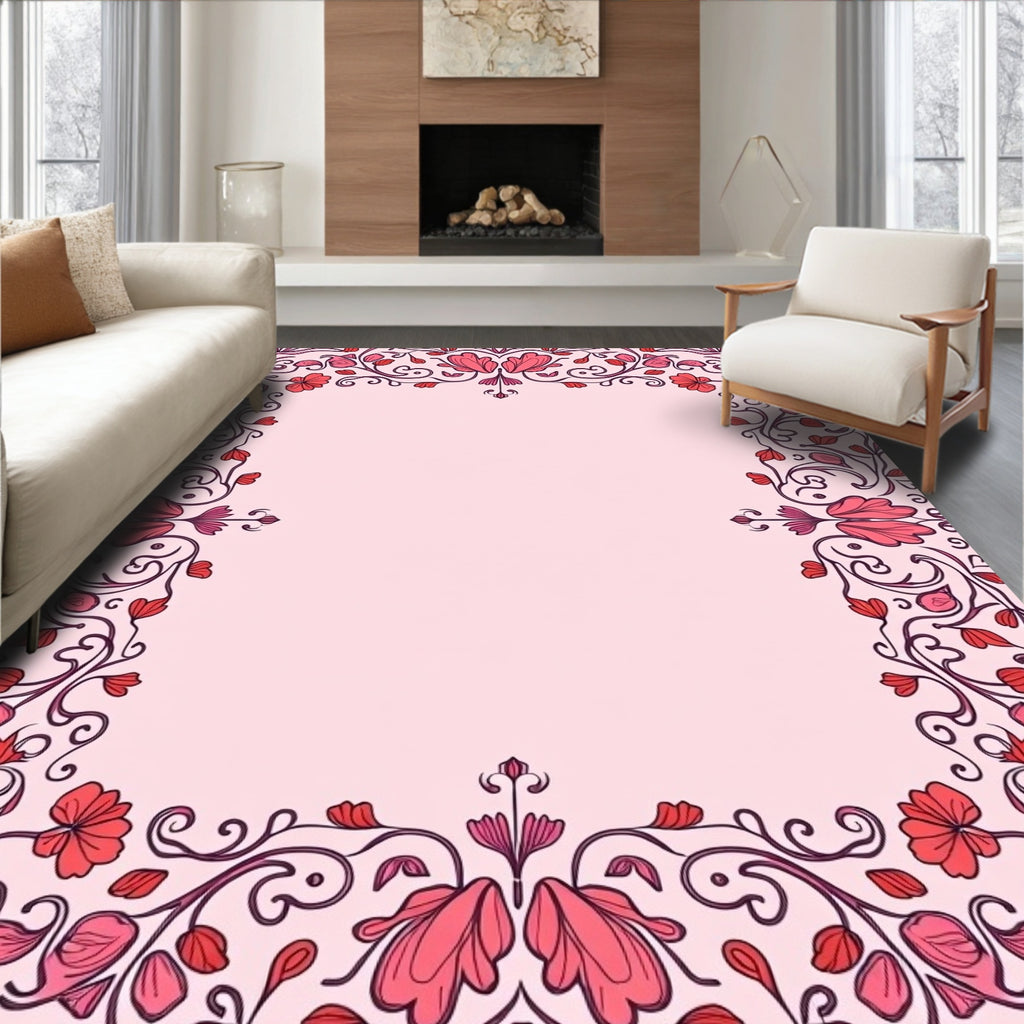 Elegant Pink Floral Vine Pattern Rug