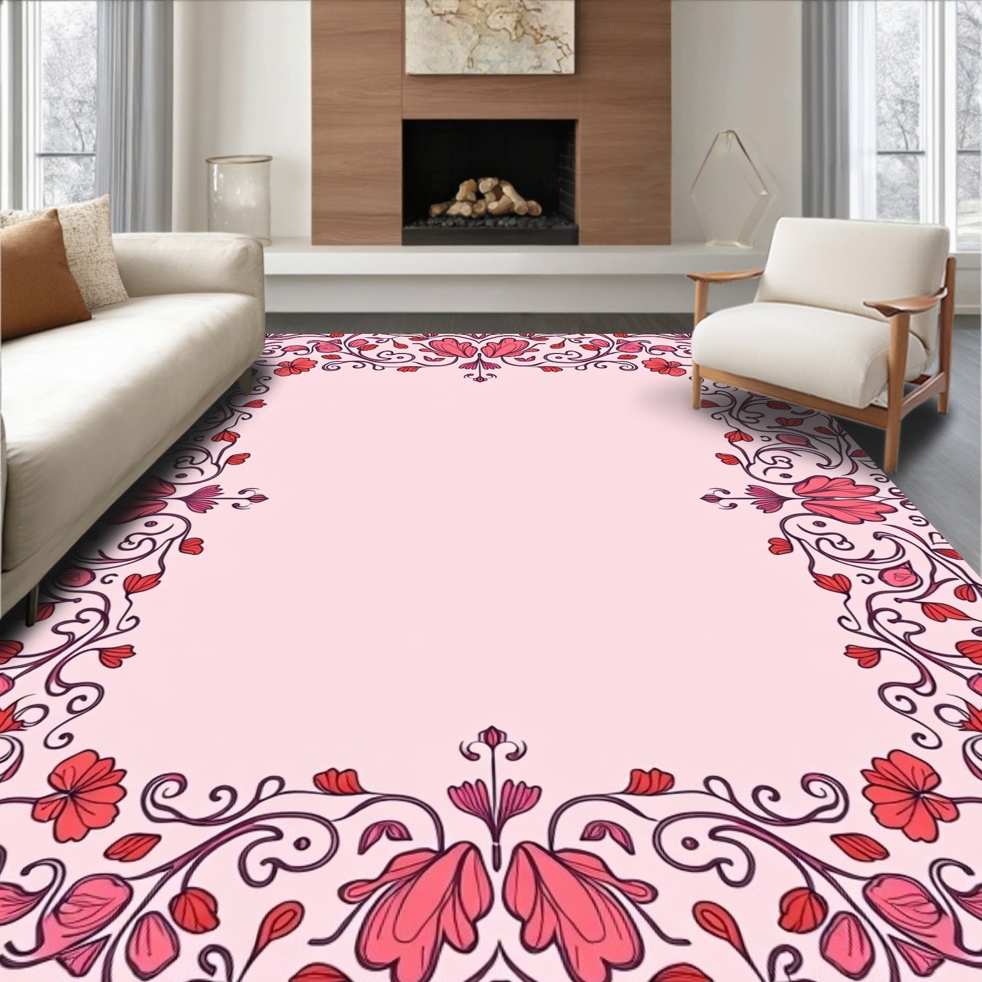 Elegant Pink Floral Vine Pattern Rug